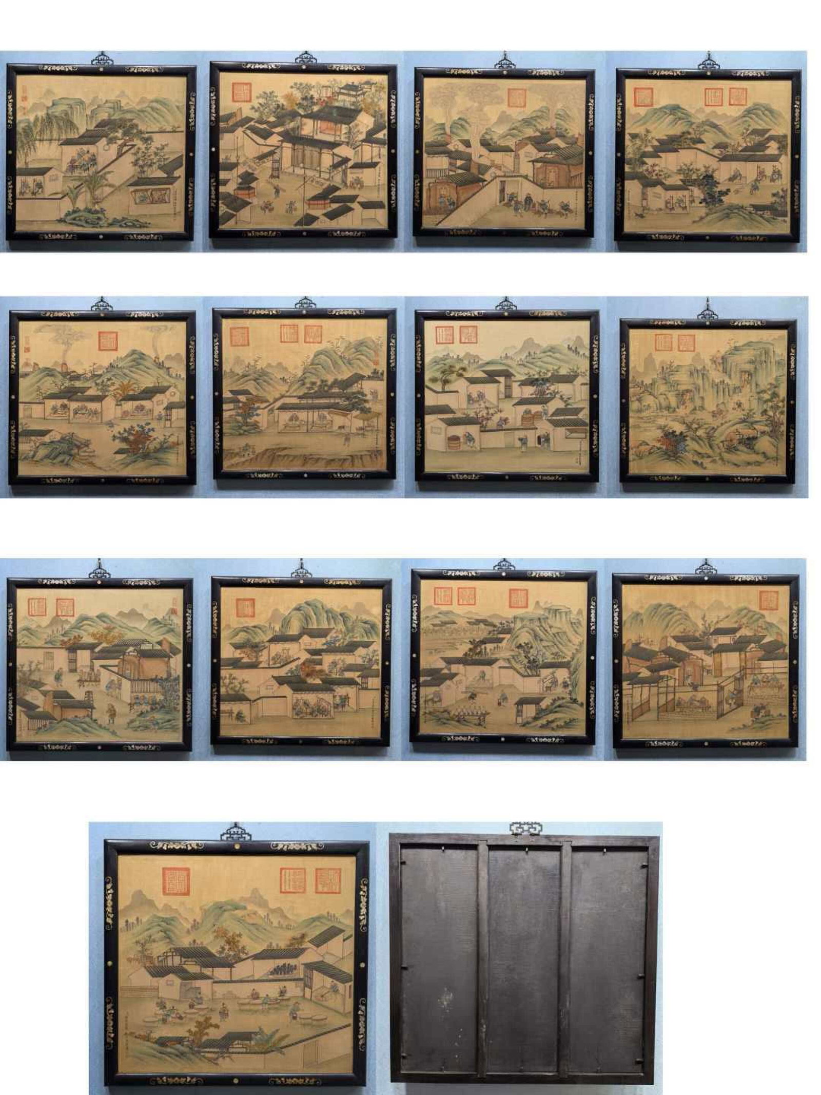 A Set of Chinese Ink Painting of Landscape and Figure on Silk With Zitanwood Frame,Lang Shining: A Set of Chinese Ink Painting of Landscape and Figure on Silk With Zitanwood Frame,Lang Shining,Size:31.1inx29in*13 一套中国水墨绢本山水