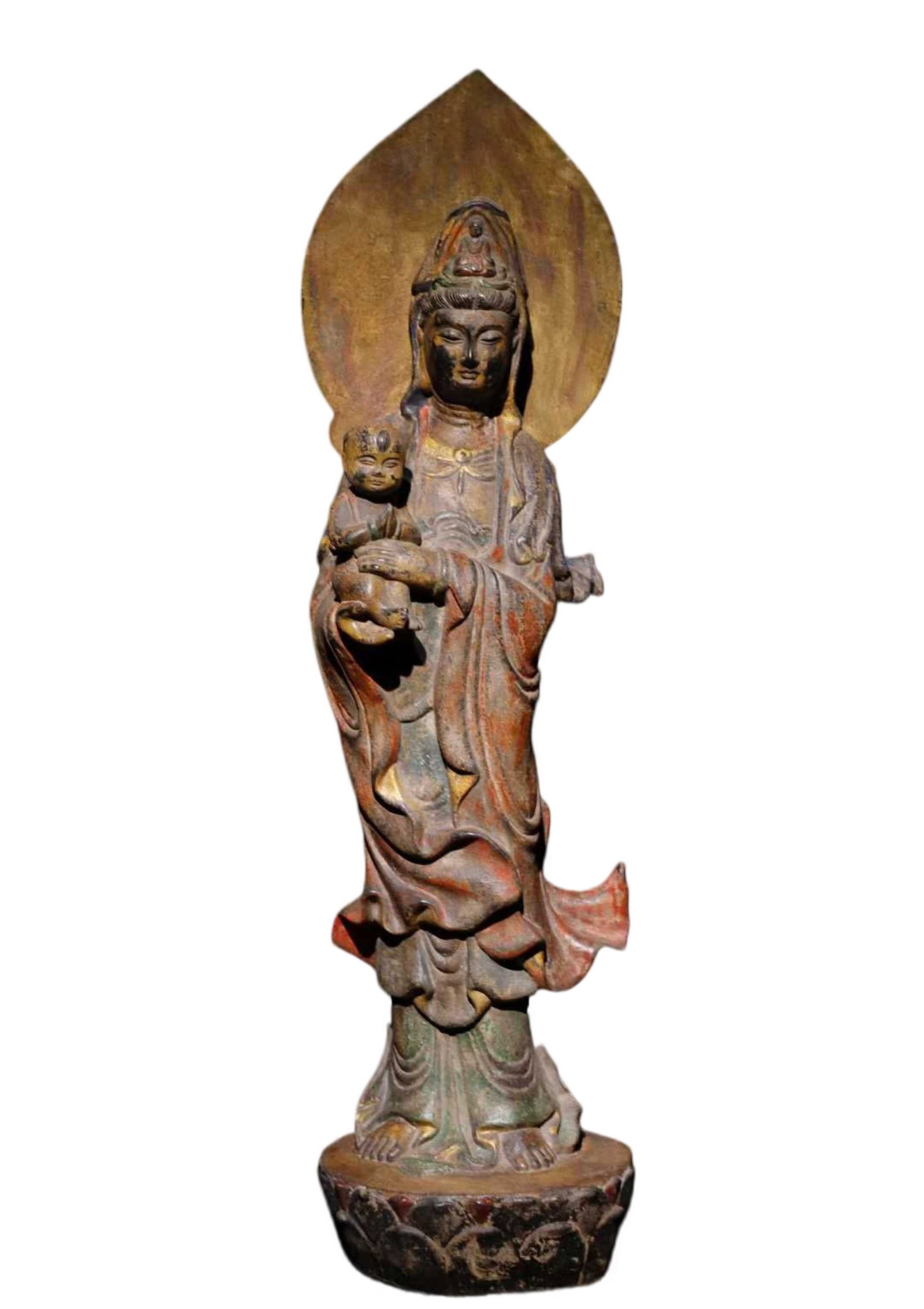 A Solemn Limestone Painted Color Statue of Avalokitesvara: A Solemn Limestone Painted Color Statue of Avalokitesvara,Qing Dynasty,China,Size:39.4inx11.8inx10.2in 青石彩绘观音像,中国清代
