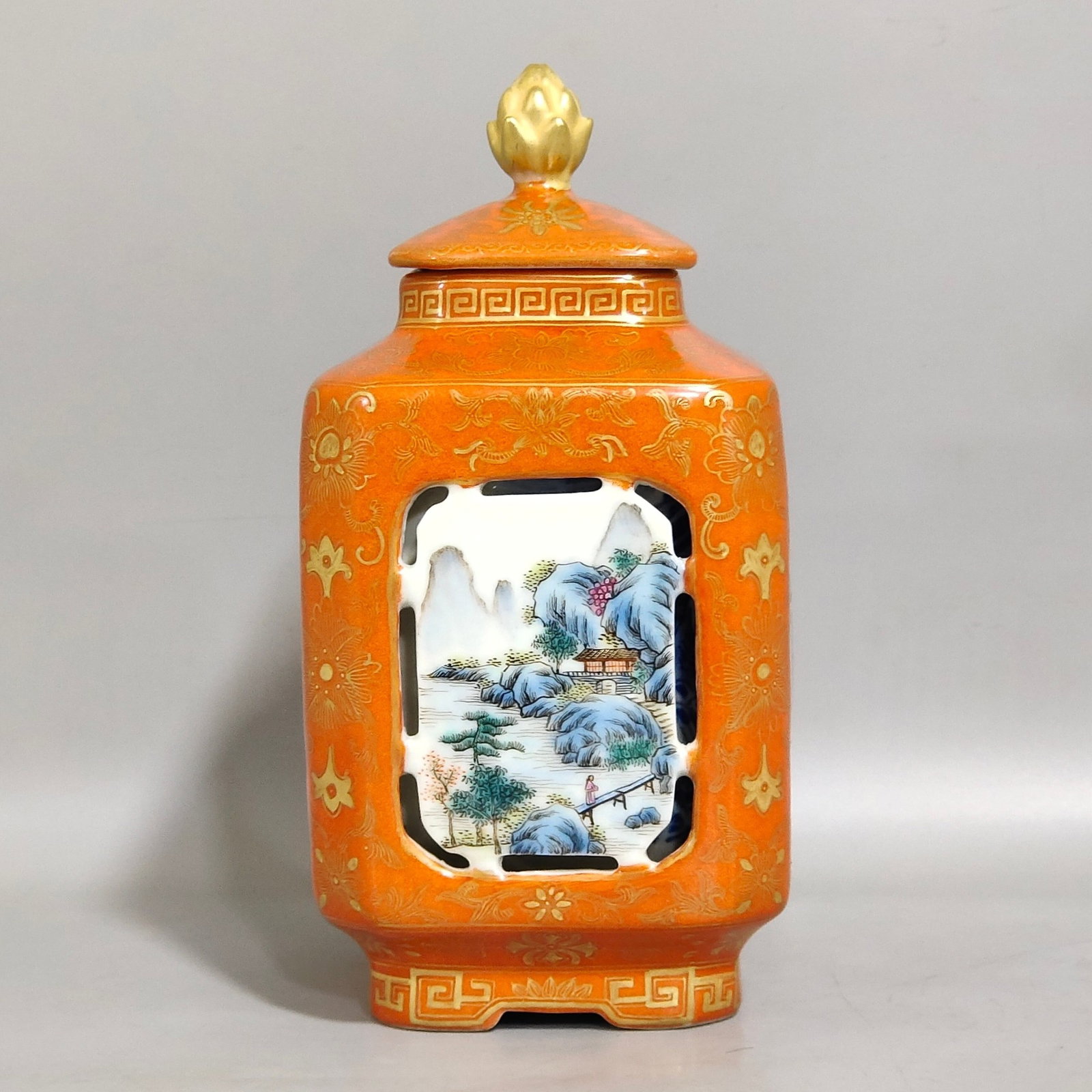An Exquisite Coral Red Glazed Famille-Rose Painted Gold Landscape and Figure Pattern Tea Caddy: An Exquisite Coral Red Glazed Famille-Rose Painted Gold Landscape and Figure Pattern Tea Caddy,Qing Dynasty,China,Jiaqing Six-character Mark,Size:6.7inx3.3in 珊瑚红釉粉&#