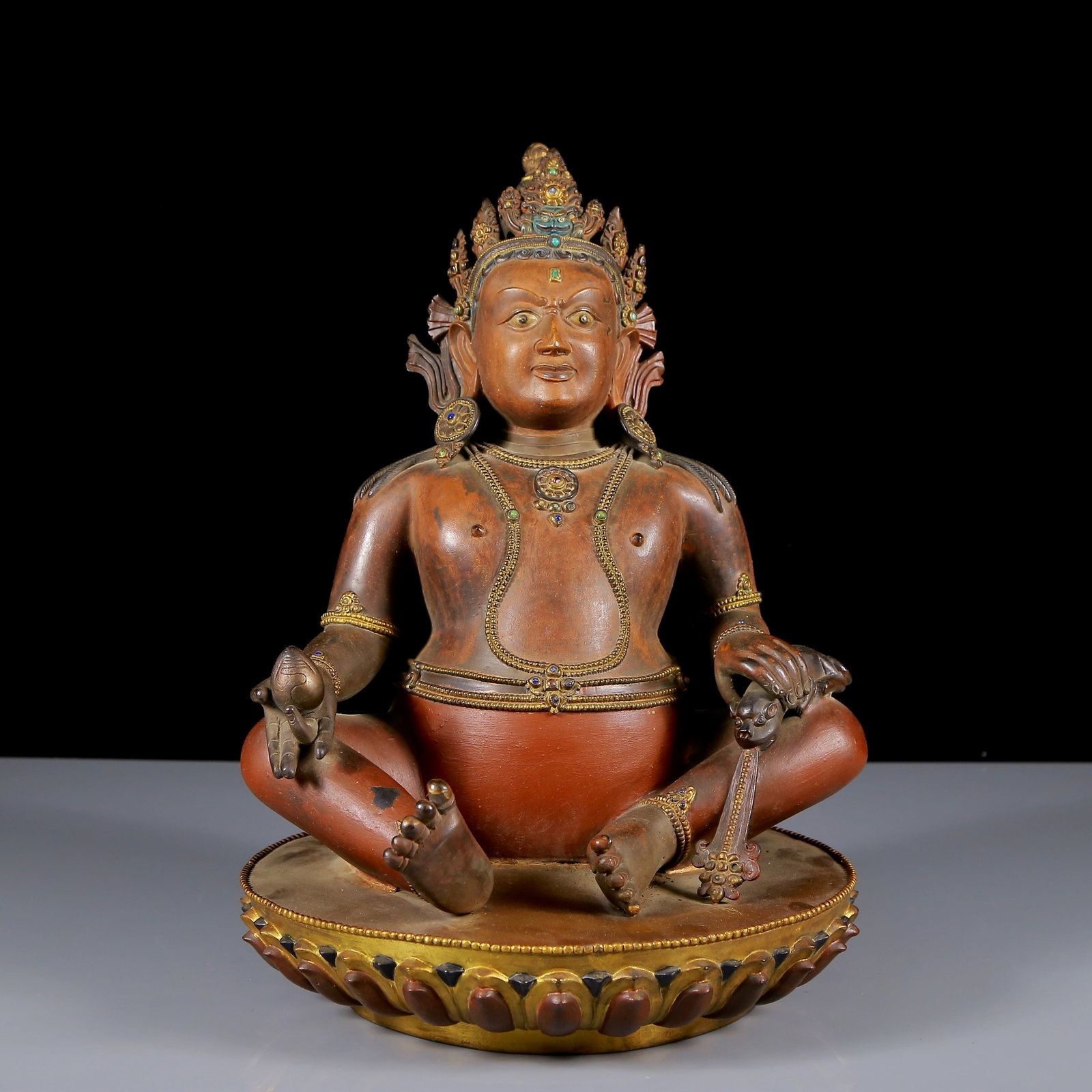 A Solemn Bronze Painted Color Inlaid Gems Statue of Mammon: A Solemn Bronze Painted Color Inlaid Gems Statue of Mammon,Qing Dynasty, China,Size:10.2inx14.6in,Weight:18.40g