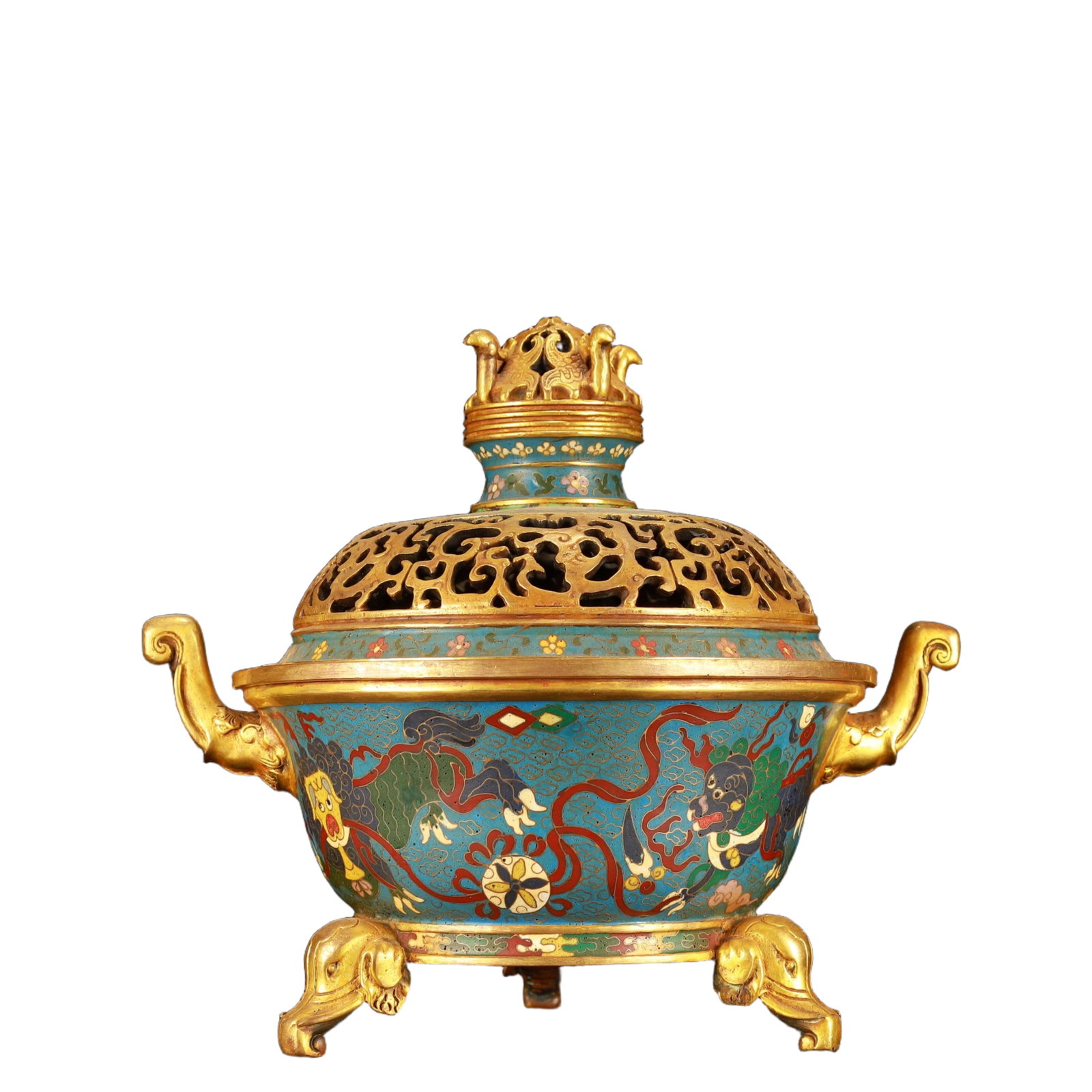 An Exquisite Cloisonne Auspicious Beast Pattern Elephant-Ears Tripod Censer: An Exquisite Cloisonne Auspicious Beast Pattern Elephant-Ears Tripod Censer,(A type of enamelware with metal wires separating colored glaze, originating in China),Qing Dynasty,China,Qianlong