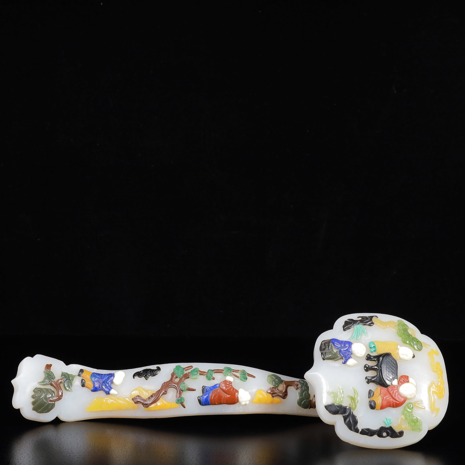 An Exquisite White Jade Figure and Story Pattern Ruyi Ornament: An Exquisite White Jade Figure and Story Pattern Ruyi Ornament,Qing Dynasty,China,Size:2.8inx2.4inx10.6in,Weight:600g 白玉人物故事纹如意摆&#