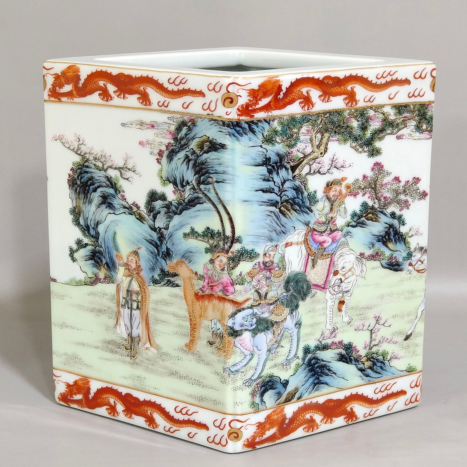 An Exquisite Famille-Rose Landscape,Figure and Dragon Pattern Brush Pot (1 of 8)