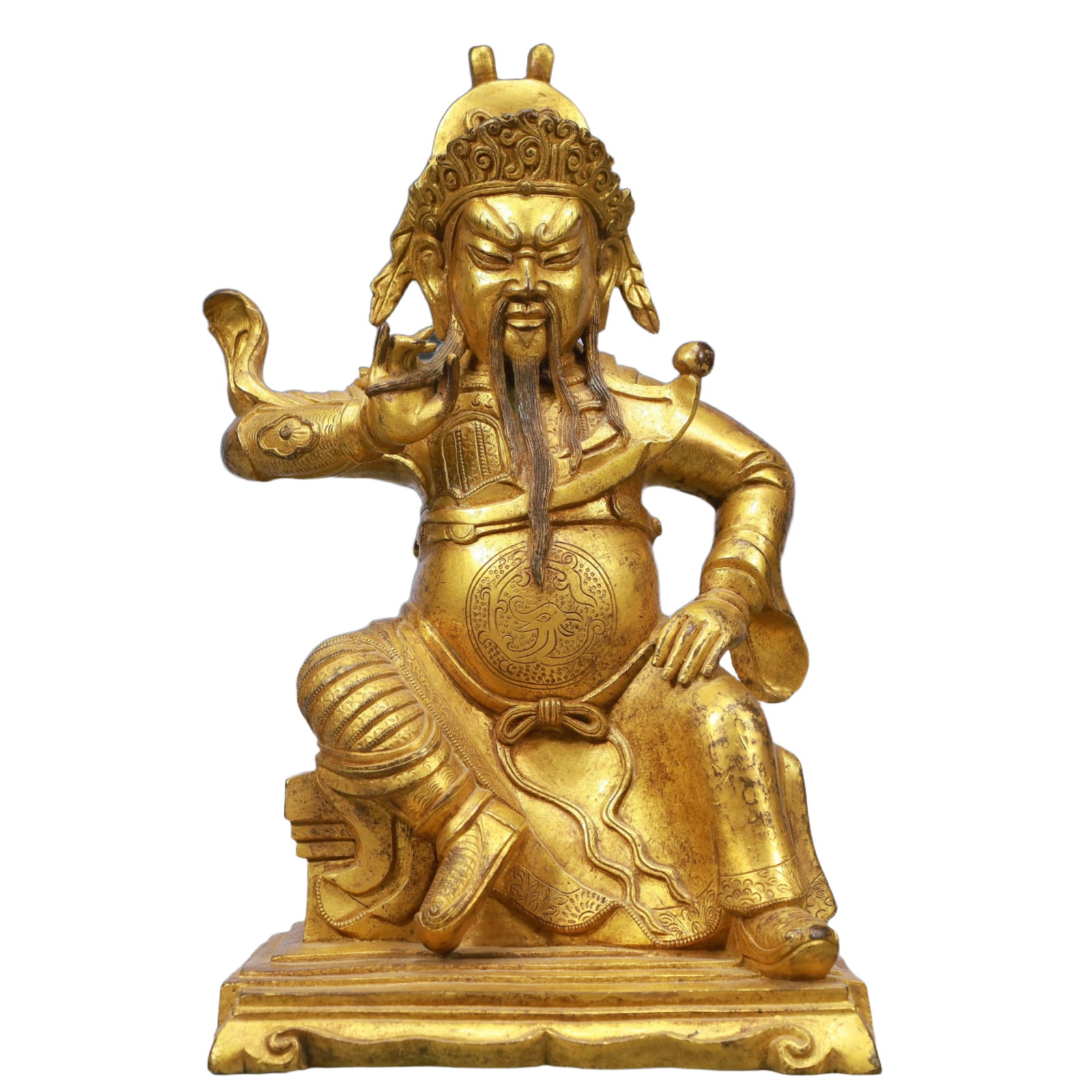 A Solemn Gilt Bronze Statue of Guangong: A Solemn Gilt Bronze Statue of Guangong,Qing Dynasty, China,Qianlong Six-character Mark,Size:5.7inx4.1inx9.4in,Weight:3150g