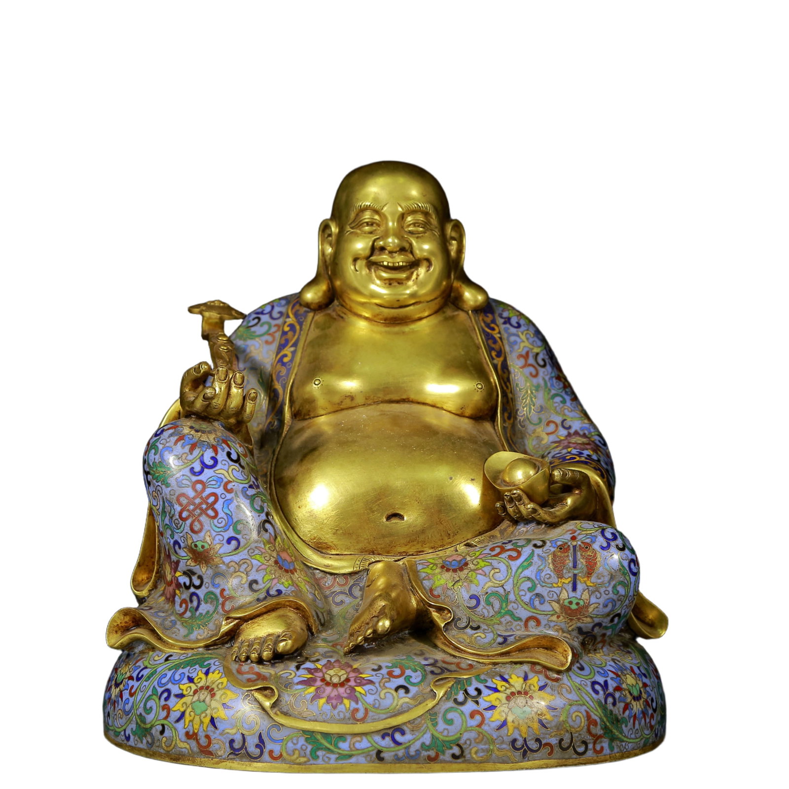 A Rare Cloisonne Statue of Maitreya Buddha: A Rare Cloisonne Statue of Maitreya Buddha,Qing Dynasty, China,Size:10.6inx10.2inx11.8in,Weight:8965g 景泰蓝弥勒佛像，清代