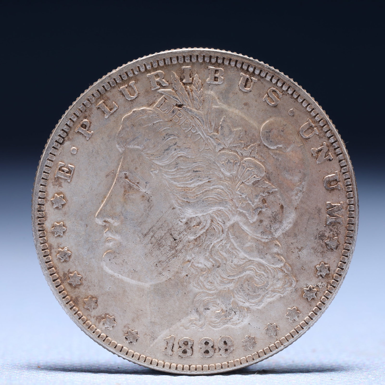 USA Morgan Dollar 1889 Coin: Obv: profile bust with date below and E PLURIBUS UNUM legend and stars around. Rev: eagle with In God we trust above within wreath with UNITED STATES OF AMERICA ONE DOLLAR legend. IN GOD WE TRUST / LI