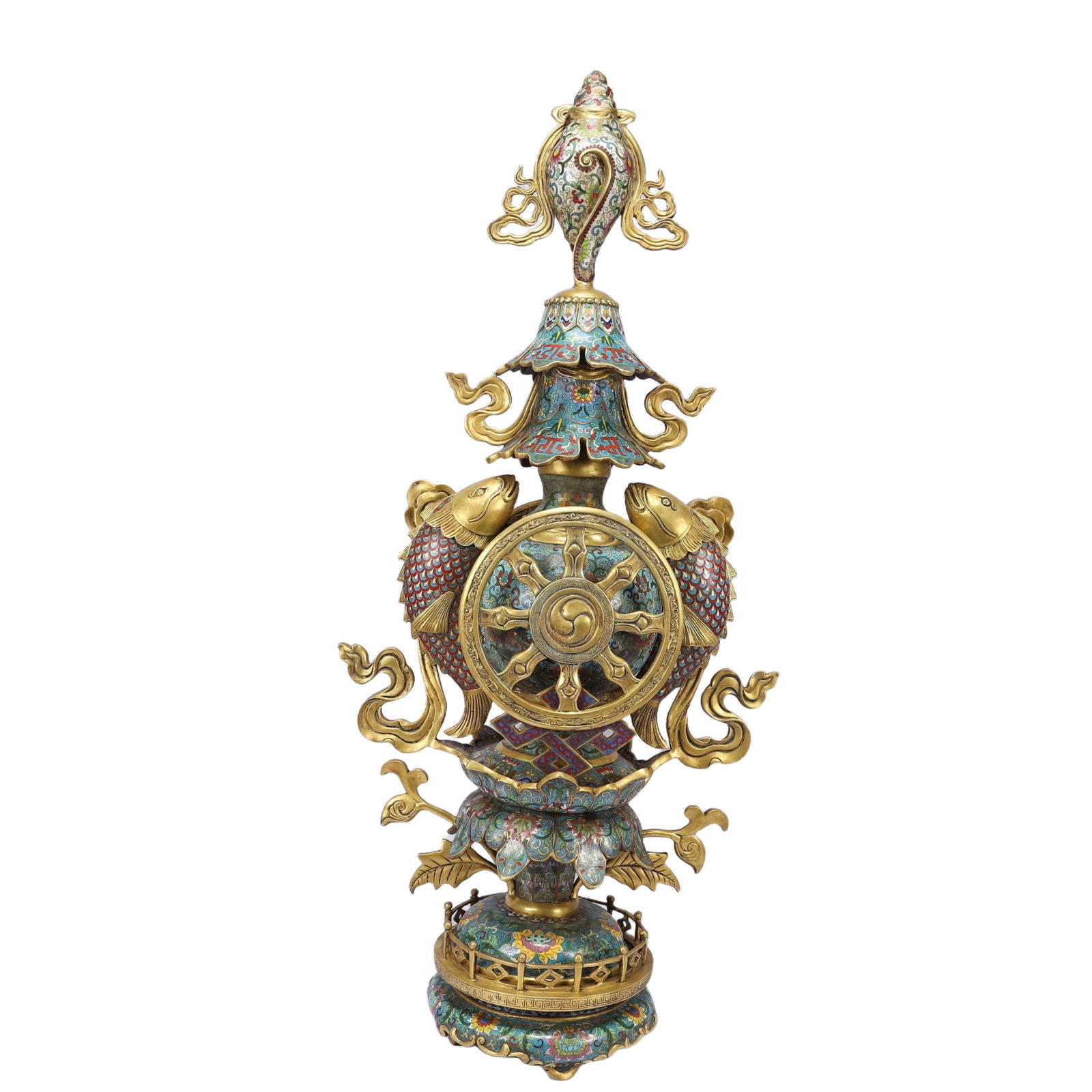 A Huge Cloisonne Lotus and Fish Pattern Ornament: A Huge Cloisonne Lotus and Fish Pattern Ornament,Qing Dynasty, China,Qianlong Four-character Mark,Size:15.7inx7.9inx31.5in,Weight:24300g