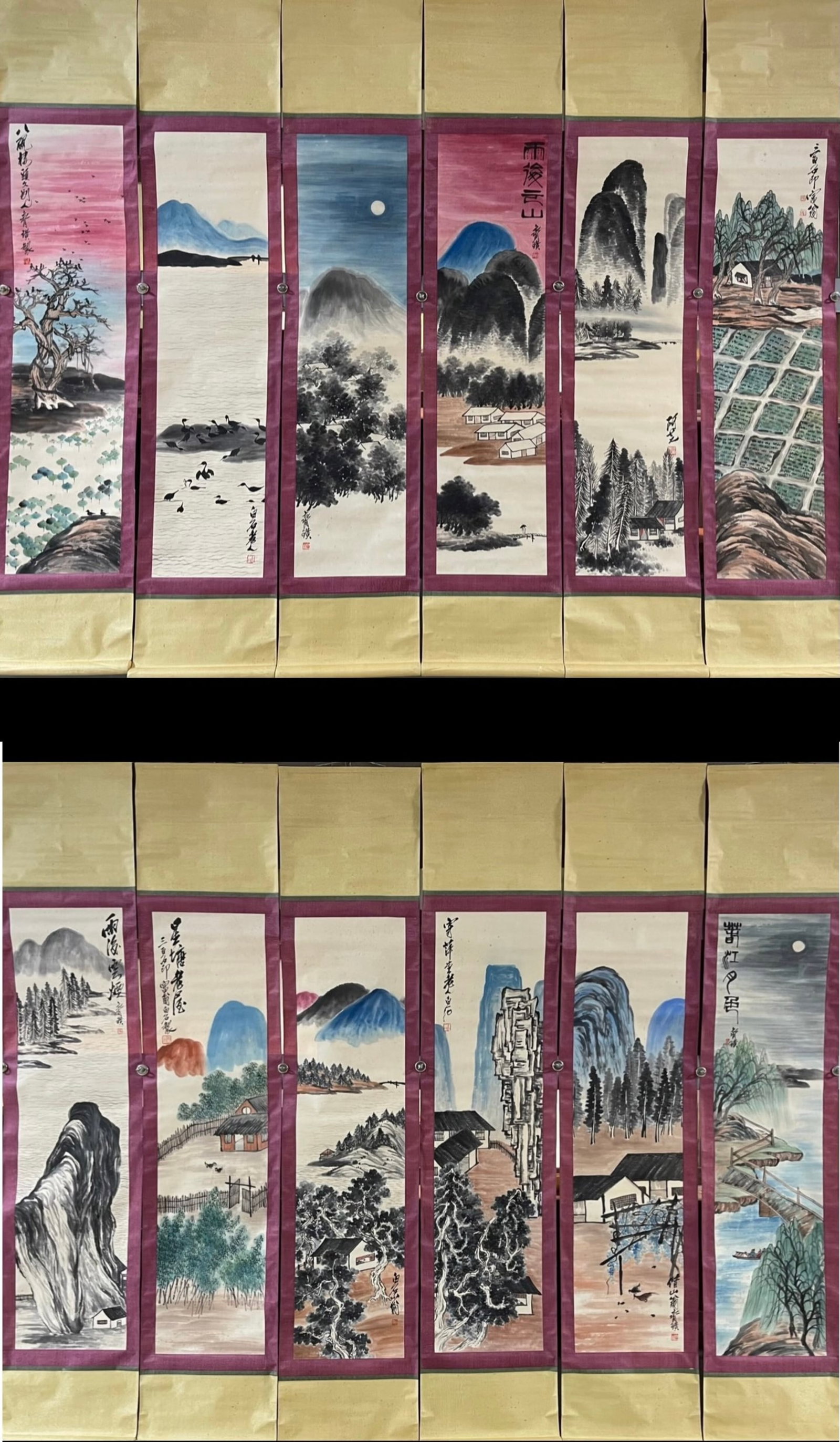 A Set of Fine Chinese Vertical Scroll Ink Painting of Landscape on Paper,Qi Baishi: A Set of Fine Chinese Vertical Scroll Ink Painting of Landscape on Paper,Qi Baishi,Size:13inx53.9in*12 一套中国水墨山水画立轴,齐