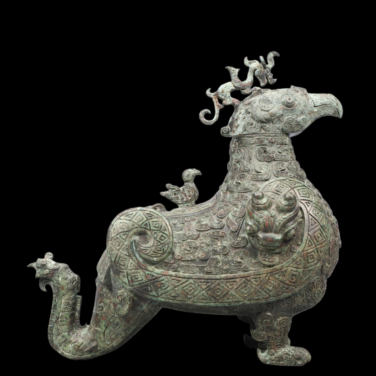 A Precious Bronze Auspicious Bird-Shaped Jar with Cover,With Inscription: A Precious Bronze Auspicious Bird-Shaped Jar with Cover,With Inscription,Ancient Time, China,Size:11.8inx6.3inx12.2in ;Weight:4550g 青铜神鸟形盖罐，