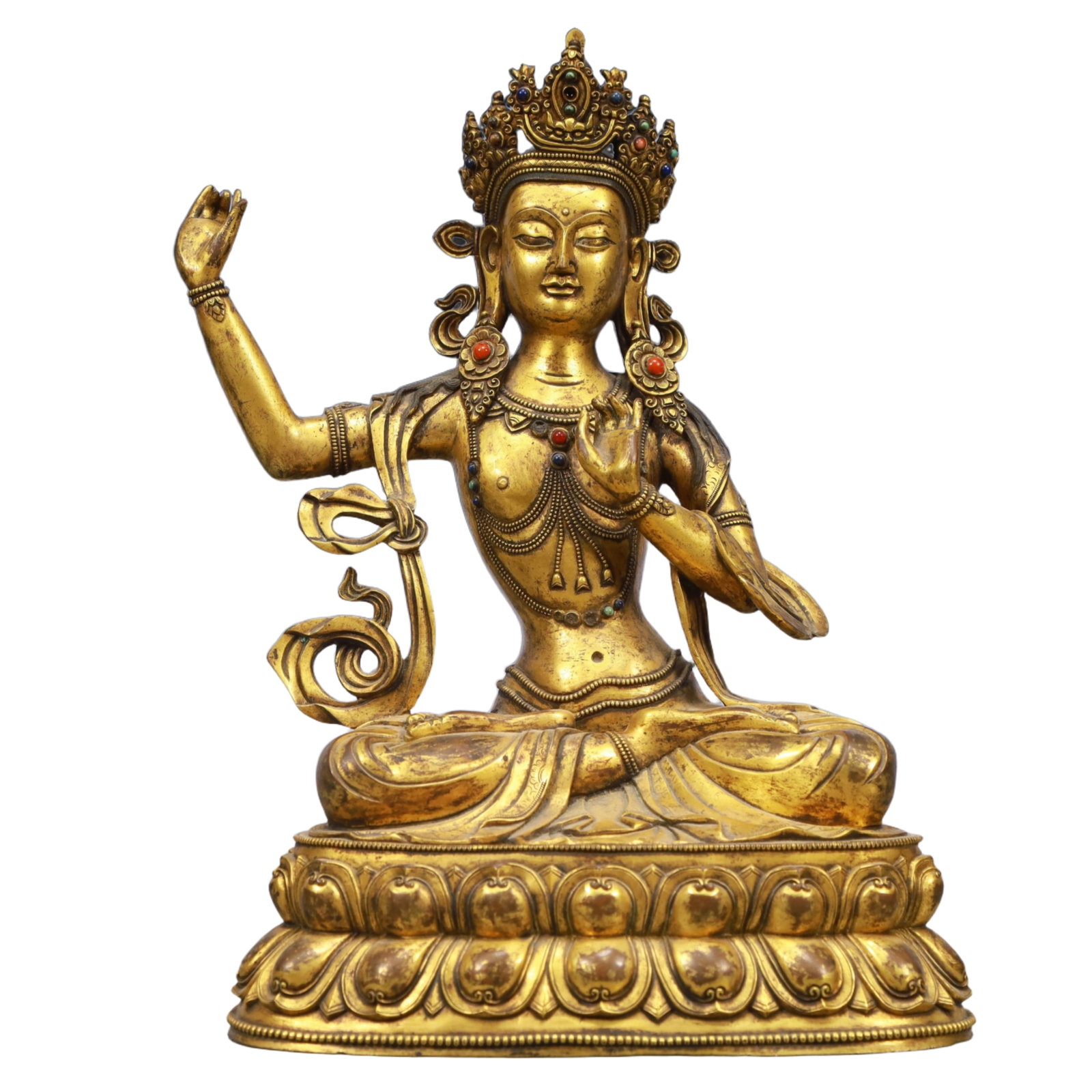 A Solemn Gilt Bronze Statue of Tara, Inlaid Gems: A Solemn Gilt Bronze Statue of Tara, Inlaid Gems,Qing Dynasty, China,Size:8.7inx5.5inx12.6in,Weight:4850g