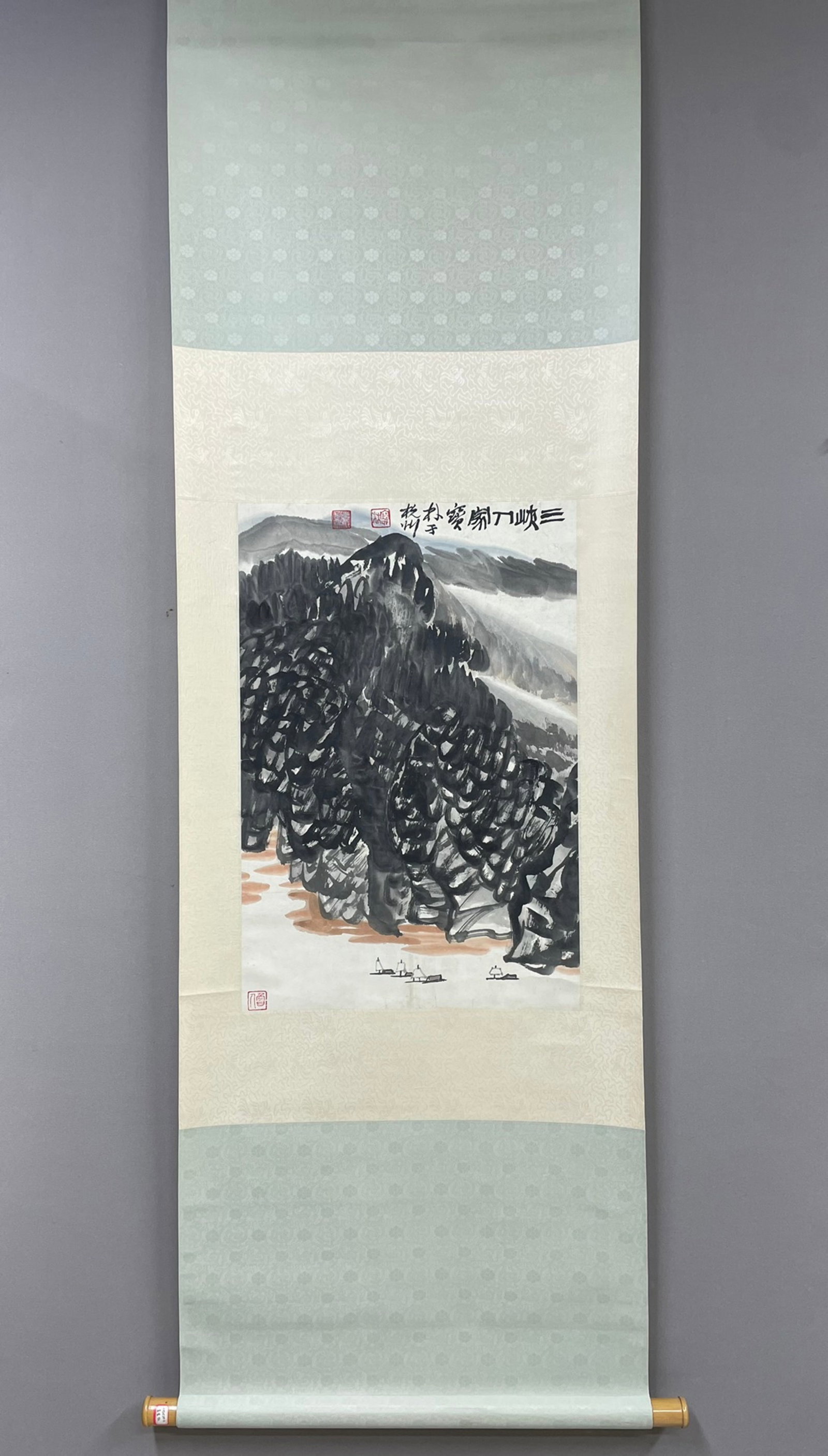 A Chinese Vertical Scroll Ink Painting of Landscape on Paper,Jiang Baolin: A Chinese Vertical Scroll Ink Painting of Landscape on Paper,Jiang Baolin,Size:26.8inx17.7in