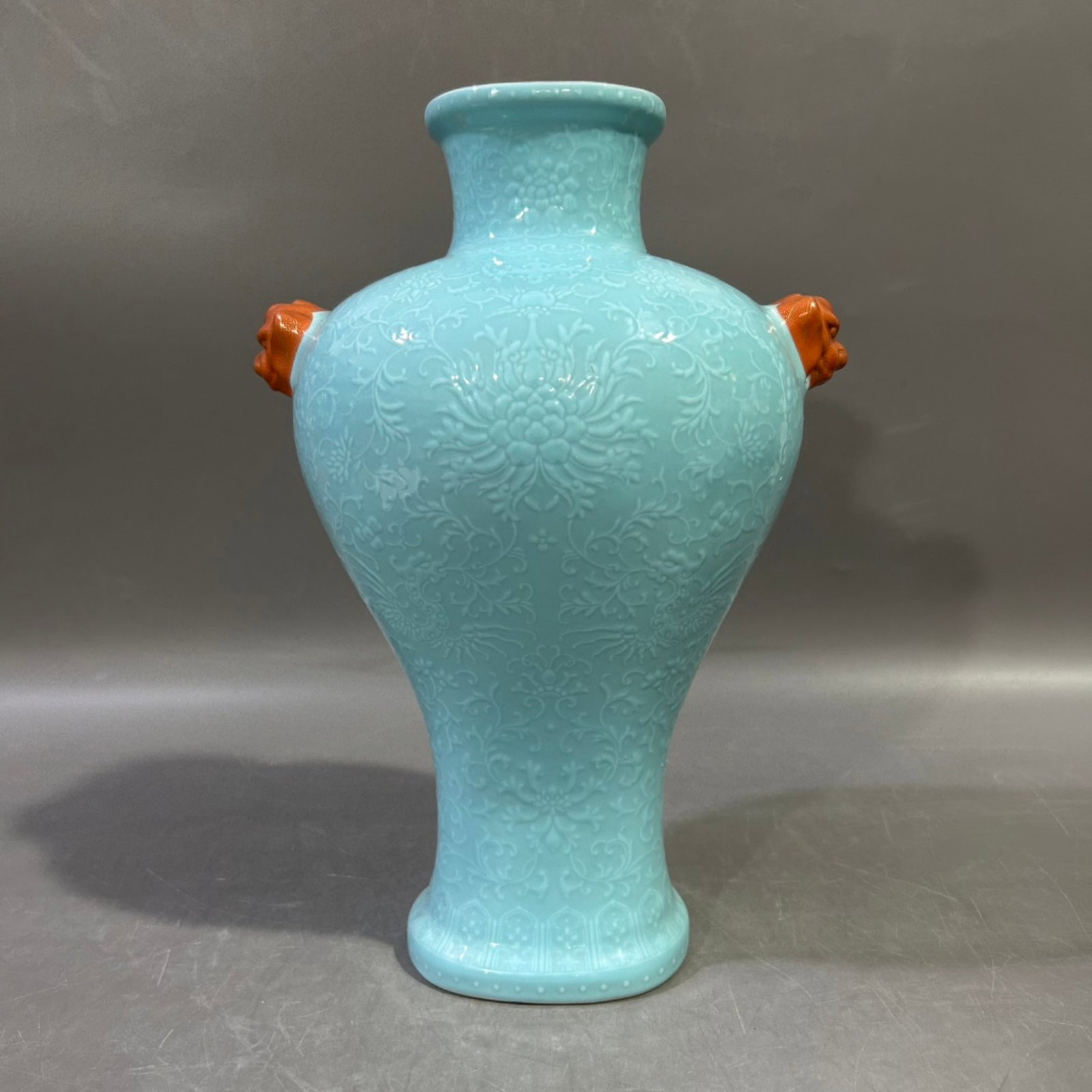 An Exquisite Turquoise Glazed Painted Gold Lotus Pattern Beast-Ears Vase: An Exquisite Turquoise Glazed Painted Gold Lotus Pattern Beast-Ears Vase,Qing Dynasty,China,Shen Detang Mark,Size:11.4inx6.5in