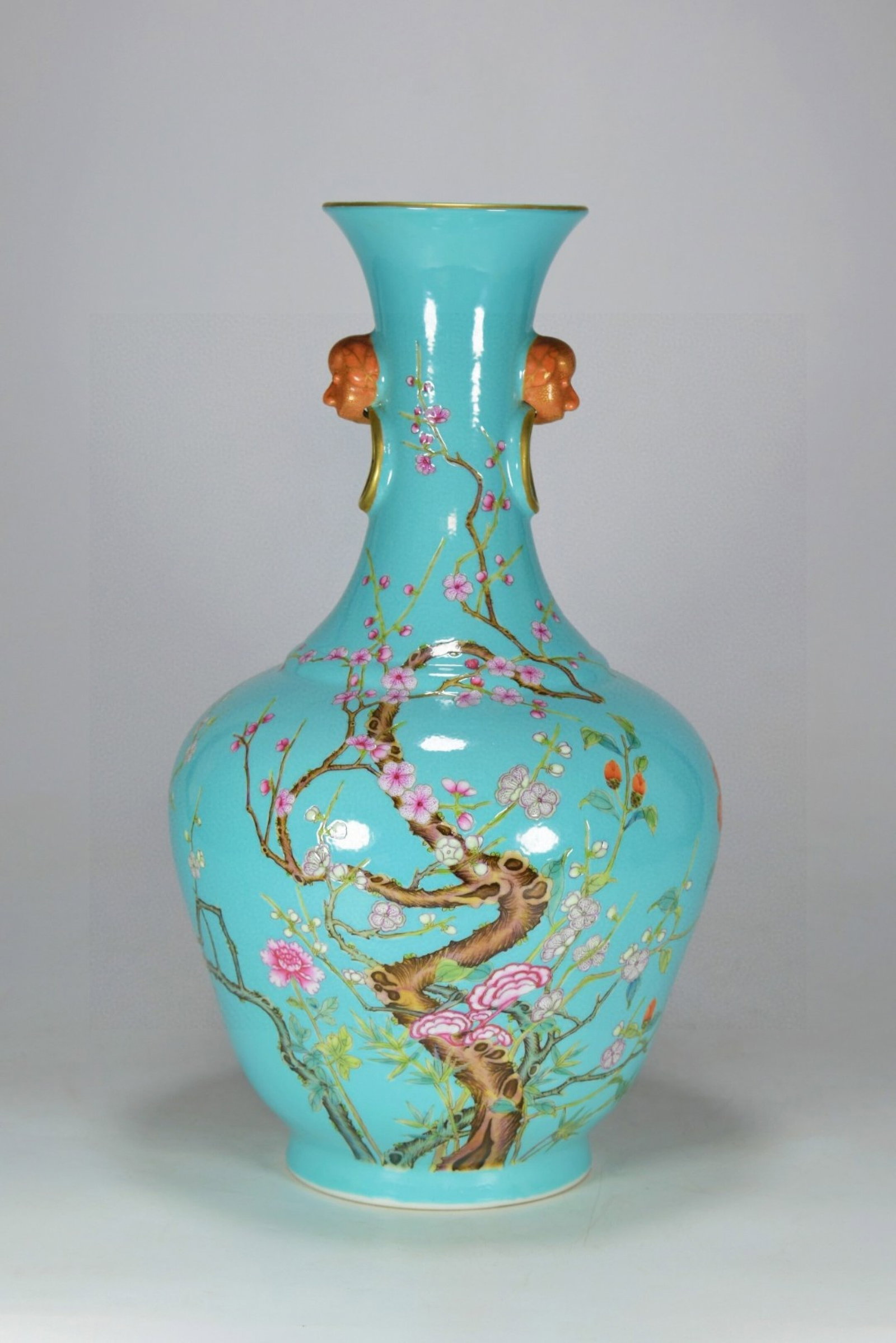 A Rare Turquoise Glazed Gilt Flower Pattern Beast-Ears Vase,with poem: A Rare Turquoise Glazed Gilt Flower Pattern Beast-Ears Vase,with poem,Qing Dynasty,China,Qianlong Six-character Mark,Size:13.8inx8.3in
