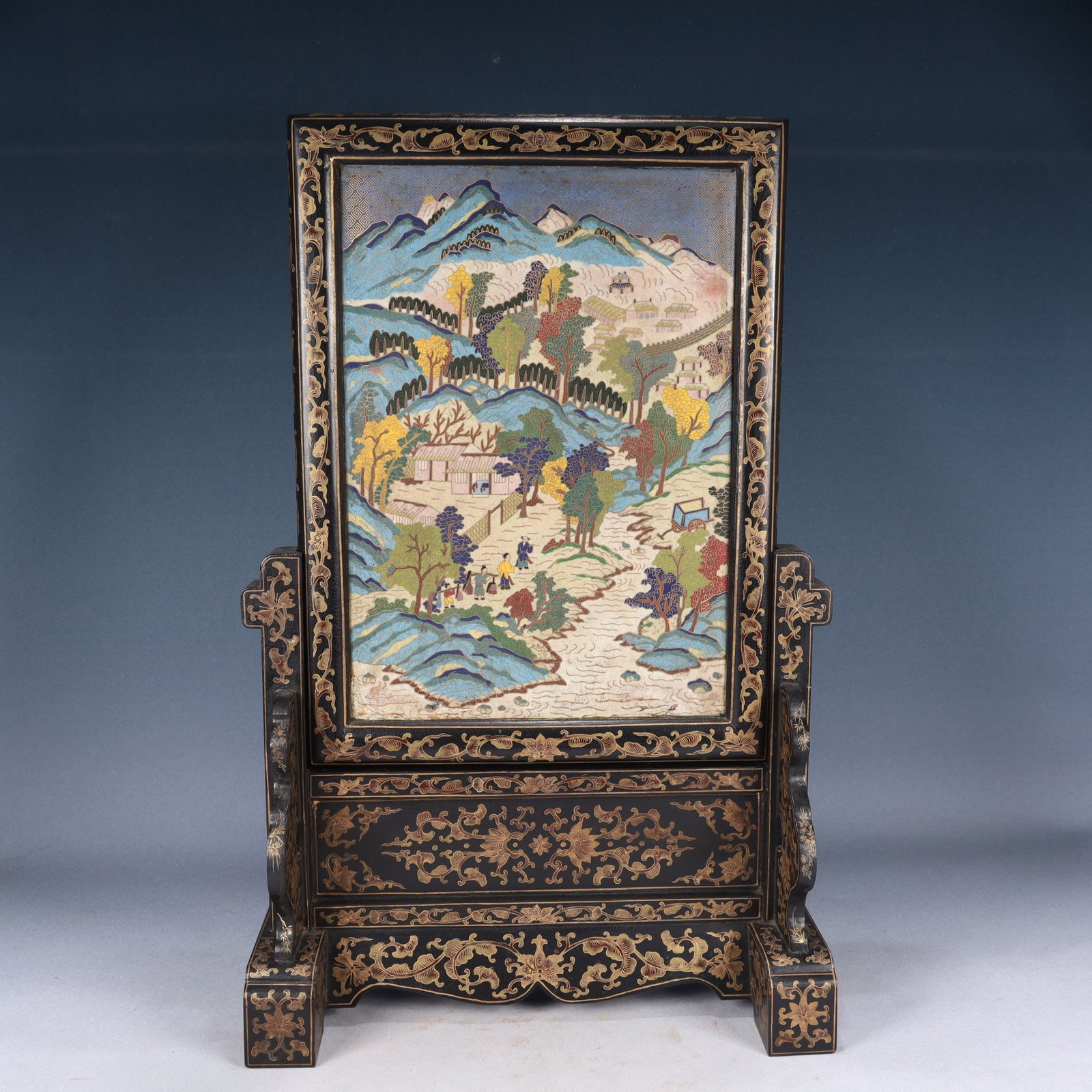 A Huge Black Lacquer Painted Gold Inlaid Cloisonne Landscape and Figure Pattern Table Screen (1 of 14)