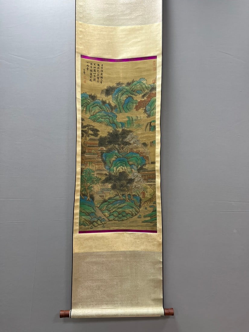 A Chinese Vertical Scroll Ink Painting of Landscape and Figure on Silk,Zhao Mengfu: A Chinese Vertical Scroll Ink Painting of Landscape and Figure on Silk,Zhao Mengfu,Size:(Without frame)35.4inx16.1in
