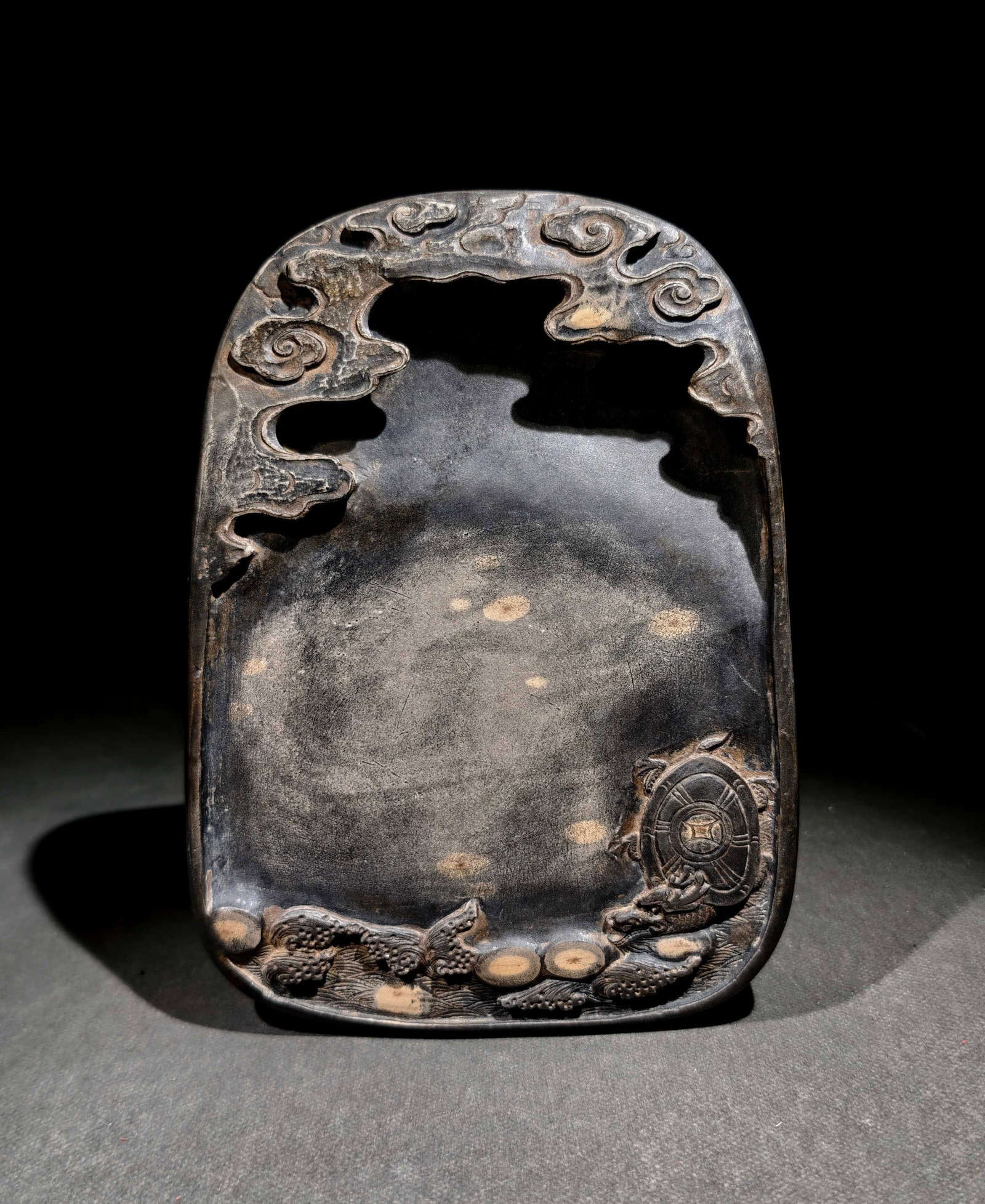 An Exquisite Auspicious Cloud and Dragon Pattern Inkstone,With Poem: An Exquisite Auspicious Cloud and Dragon Pattern Inkstone,With Poem,Qing Dynasty, China,Wu Dongfa Mark,Size:(Inkstone)8.3inx6.1inx1.1in 祥云龙纹砚台,带诗