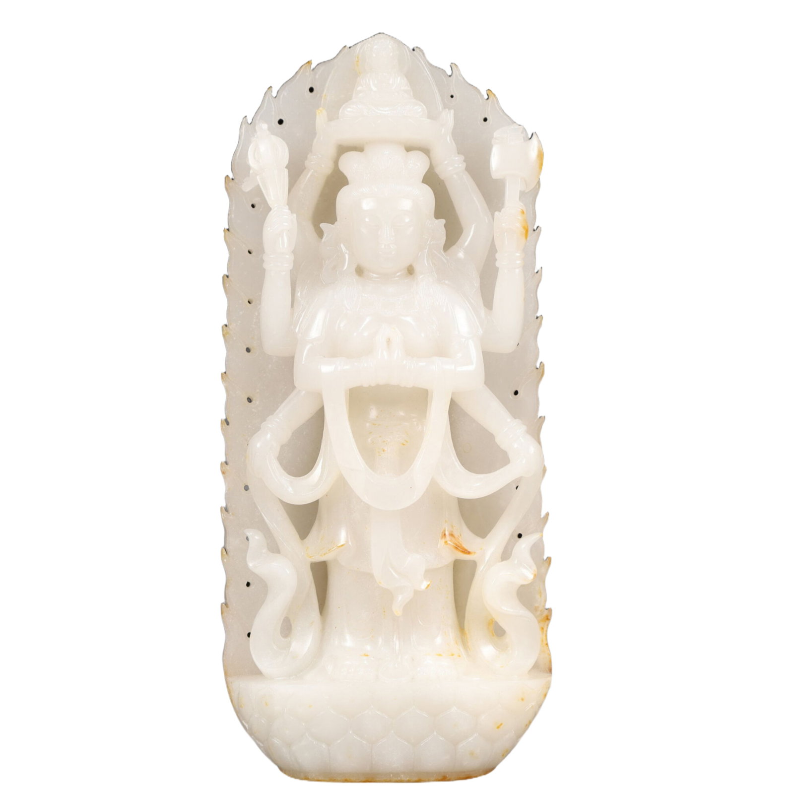 An Exquisite White Jade Statue of Eight-Armed Guanyin: An Exquisite White Jade Statue of Eight-Armed Guanyin, Qing Dynasty, China,Size:3.9inx1.6inx9.1in,Weight:1450g 白玉八臂观音像,