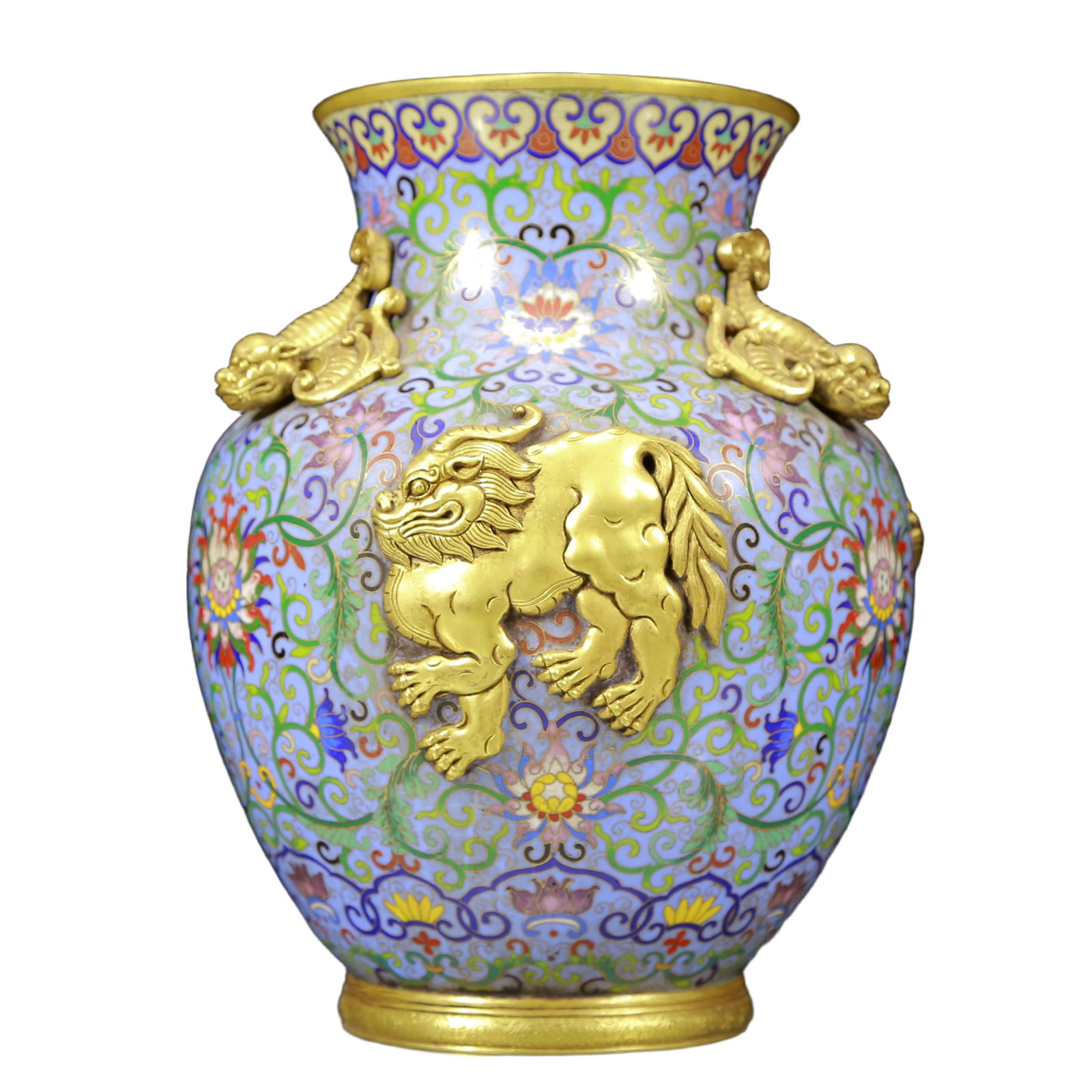 An Exquisite Cloisonne Lotus and Lion Pattern Double-Ears Vase: An Exquisite Cloisonne Lotus and Lion Pattern Double-Ears Vase,Qing Dynasty, China,Qianlong Four-character Mark,Size:10.6inx11in,Weight:6620g