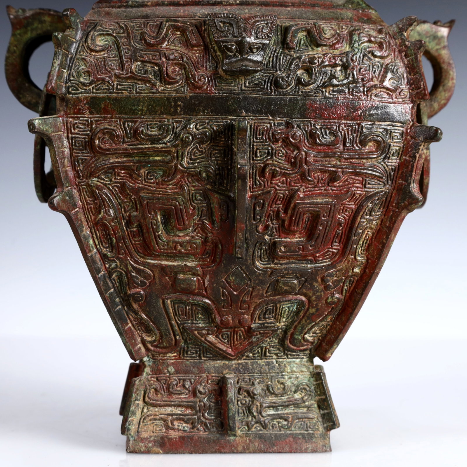 A Rare Bronze Beast-Face Pattern Double-Ears Bottle - 10