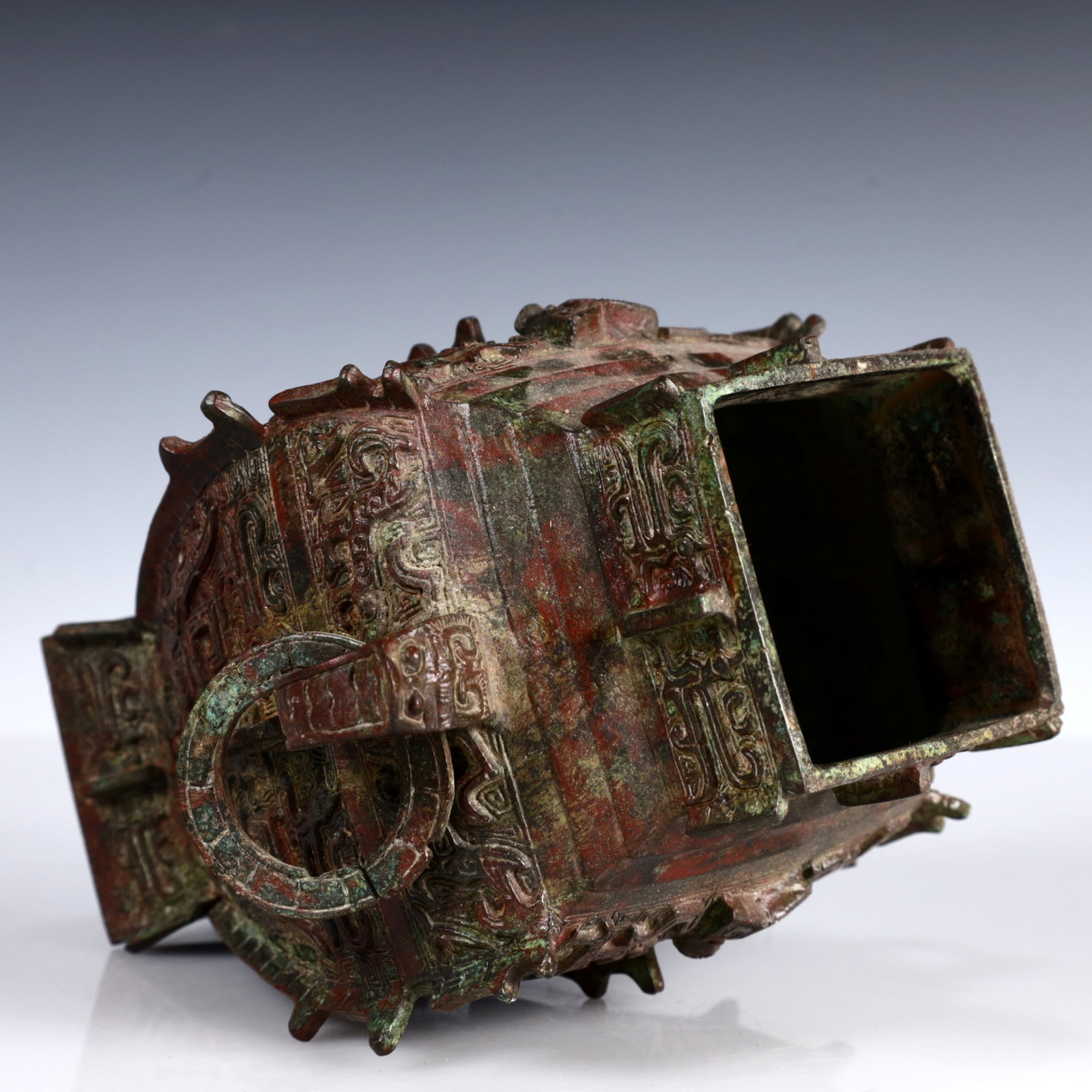 A Rare Bronze Beast-Face Pattern Double-Ears Bottle - 13