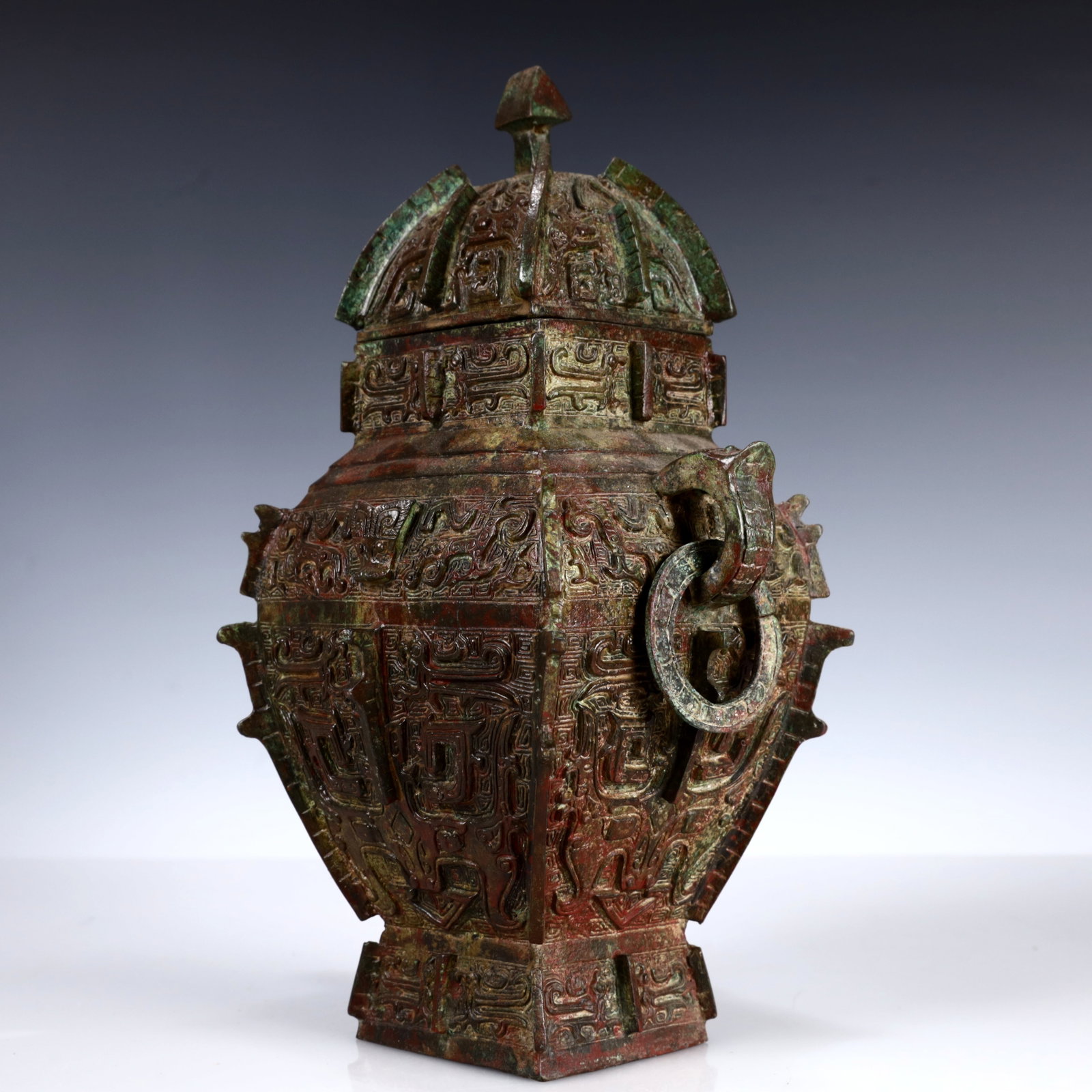 A Rare Bronze Beast-Face Pattern Double-Ears Bottle - 4