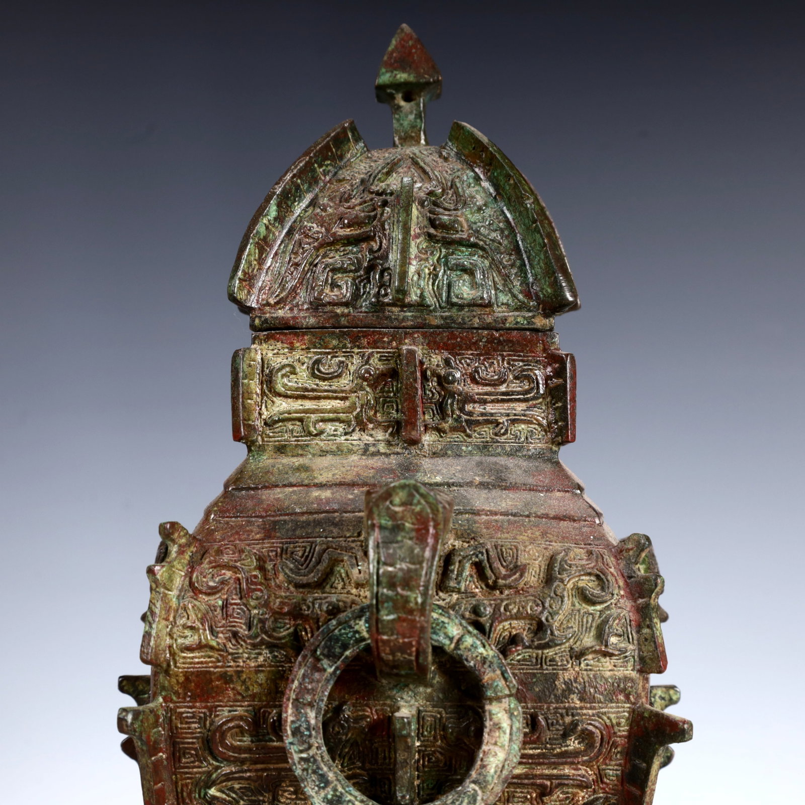 A Rare Bronze Beast-Face Pattern Double-Ears Bottle - 6