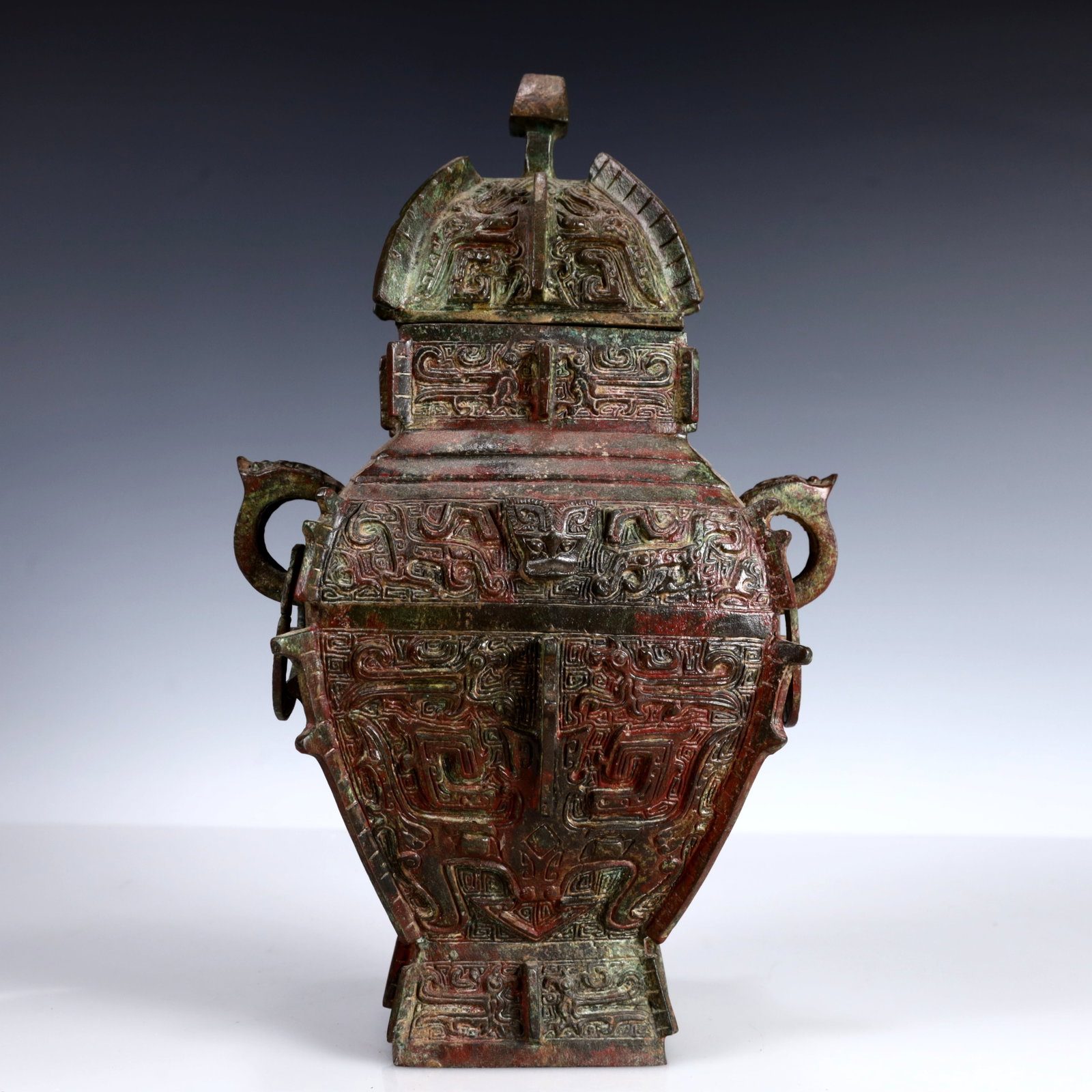 A Rare Bronze Beast-Face Pattern Double-Ears Bottle - 8