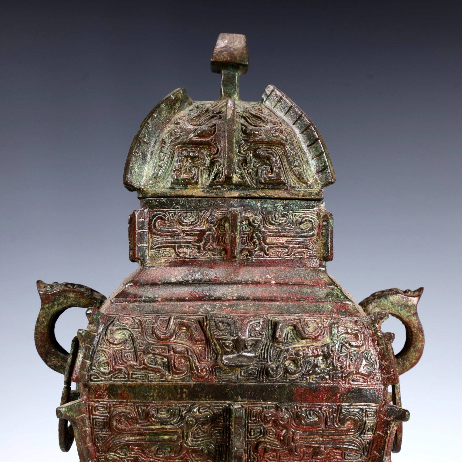 A Rare Bronze Beast-Face Pattern Double-Ears Bottle - 9