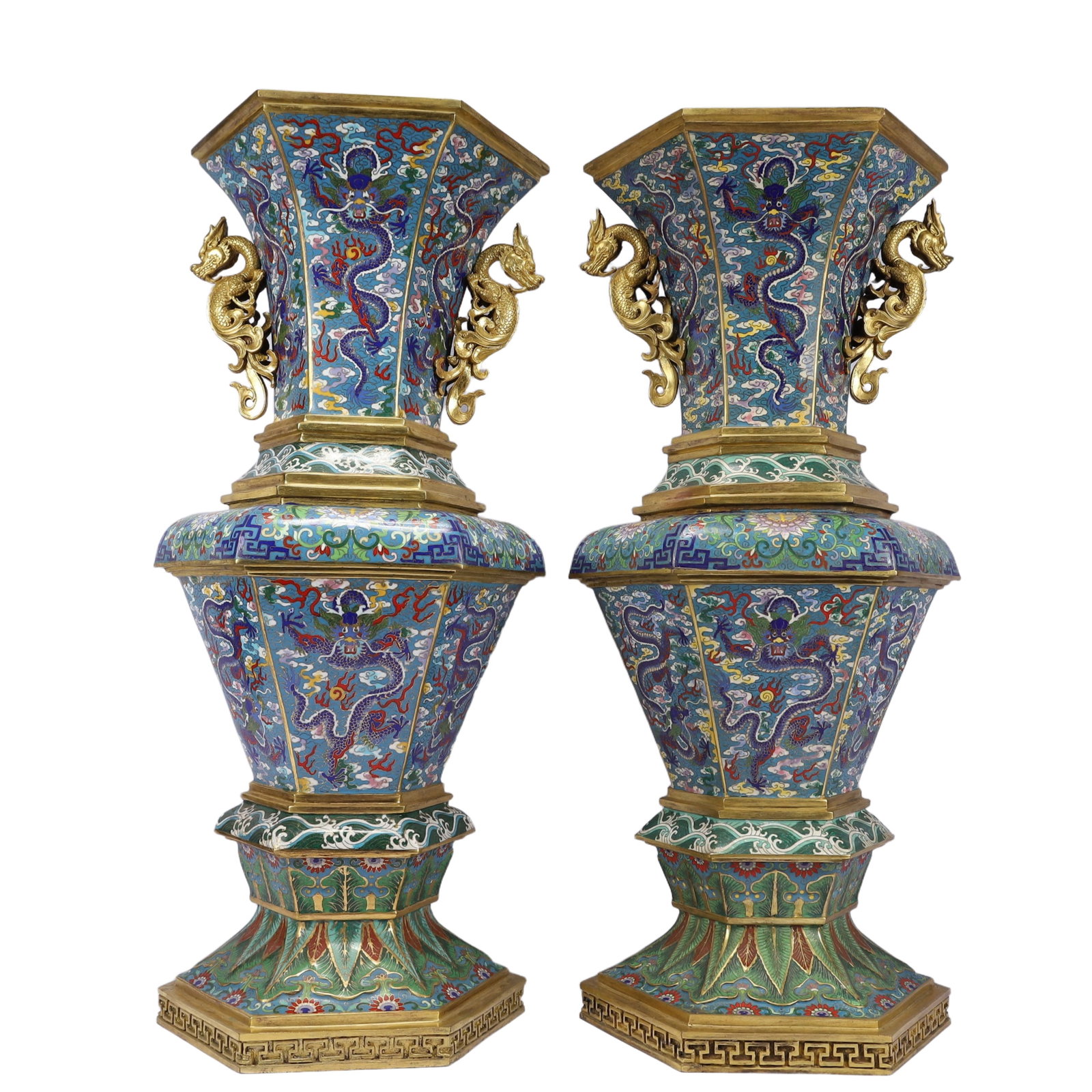 A Pair of Huge Cloisonne Auspicious Cloud and Dragon Pattern Dragon-Ears Vases: A Pair of Huge Cloisonne Auspicious Cloud and Dragon Pattern Dragon-Ears Vases,Qing Dynasty, China,Qianlong Six-character Mark,Size:11.8inx25.2in,Weight:41400g