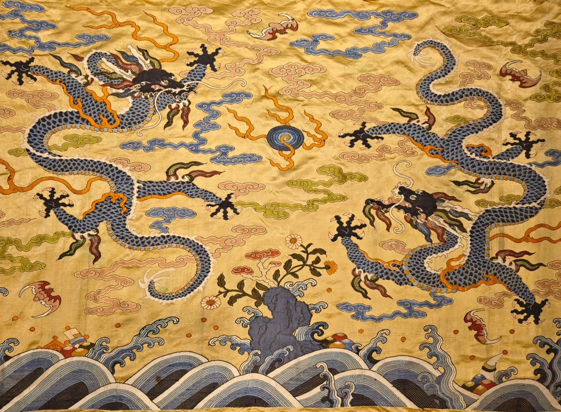An exquisite dragon pattern brocade: An exquisite cloud brocade with dragon pattern, Qing Dynasty, China, Size: 46.1inx32.7in 云锦龙纹图,中国清代