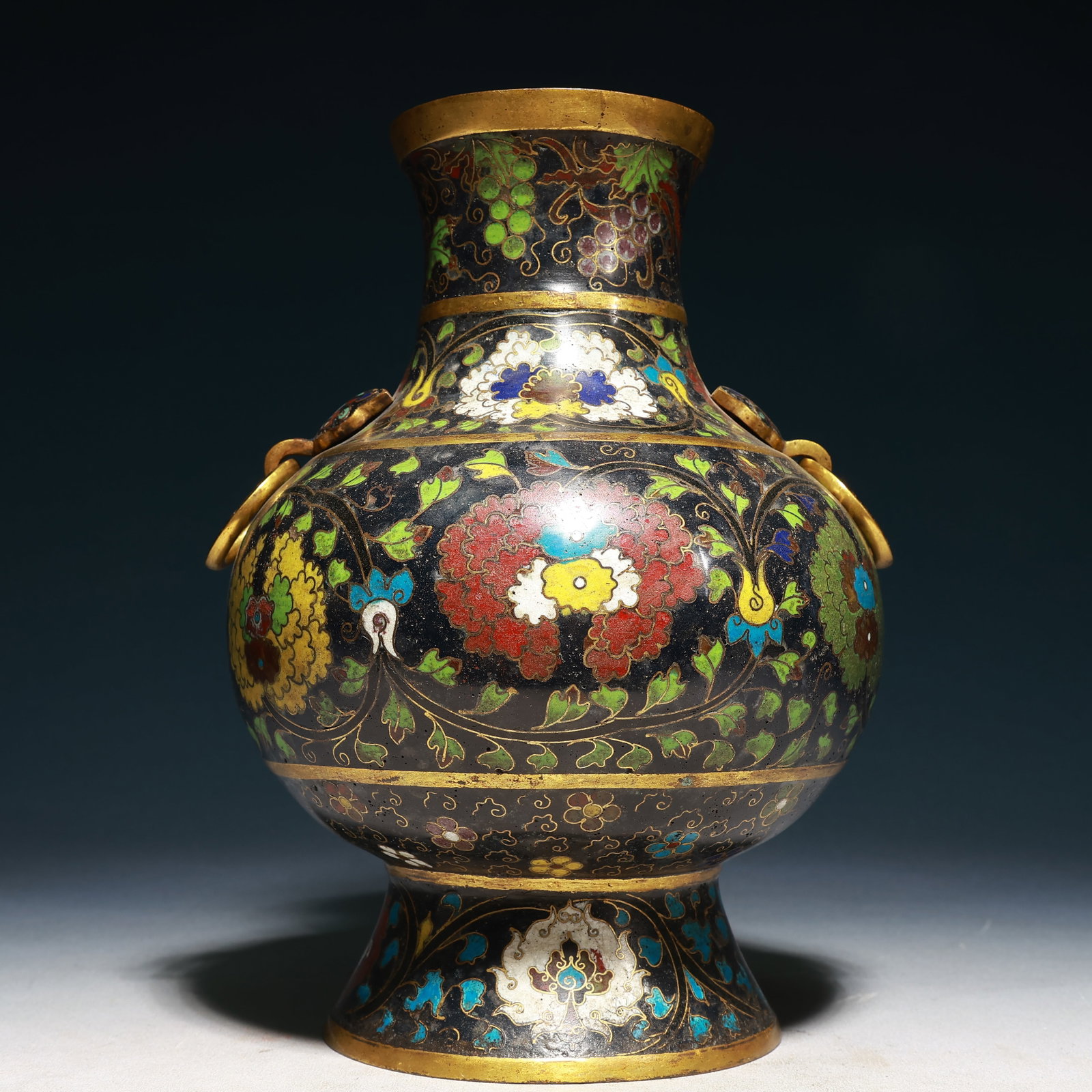 A Rare Cloisonne Flower Pattern Beast-Ears Vase: A Rare Cloisonne Flower Pattern Beast-Ears Vase,Ming Dynasty,China,Jingtai Four-character Mark,Size:7.9inx11.8in,Weight:2350g 景泰蓝花卉纹兽耳瓶,&