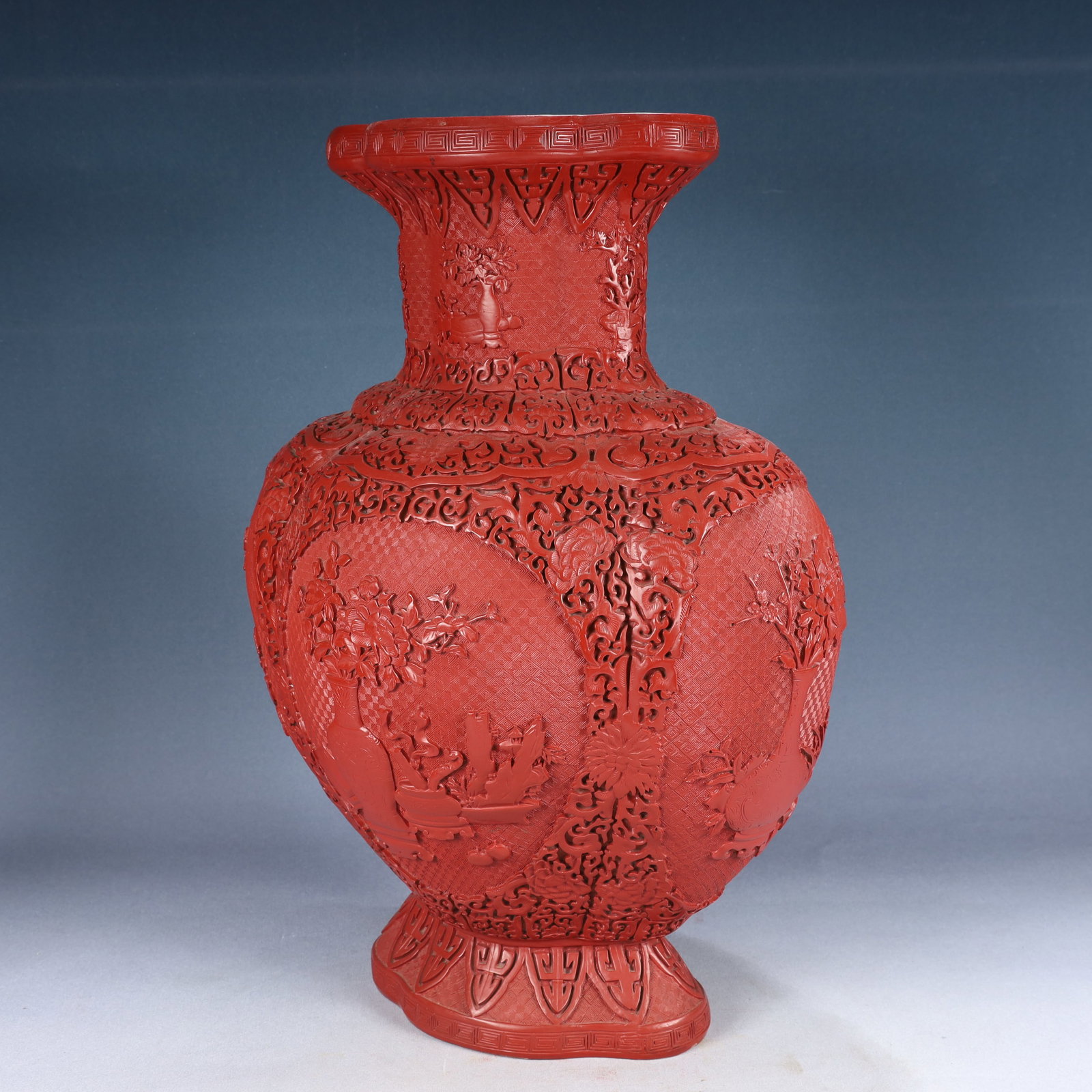 A Huge Carved Red Lacquer Flower Pattern Vase - 4