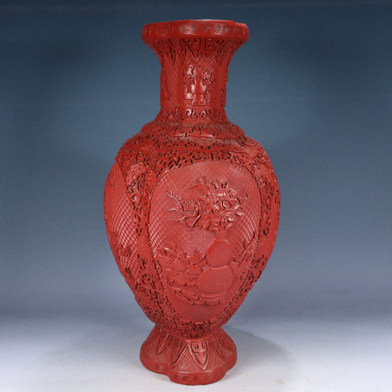 A Huge Carved Red Lacquer Flower Pattern Vase - 9