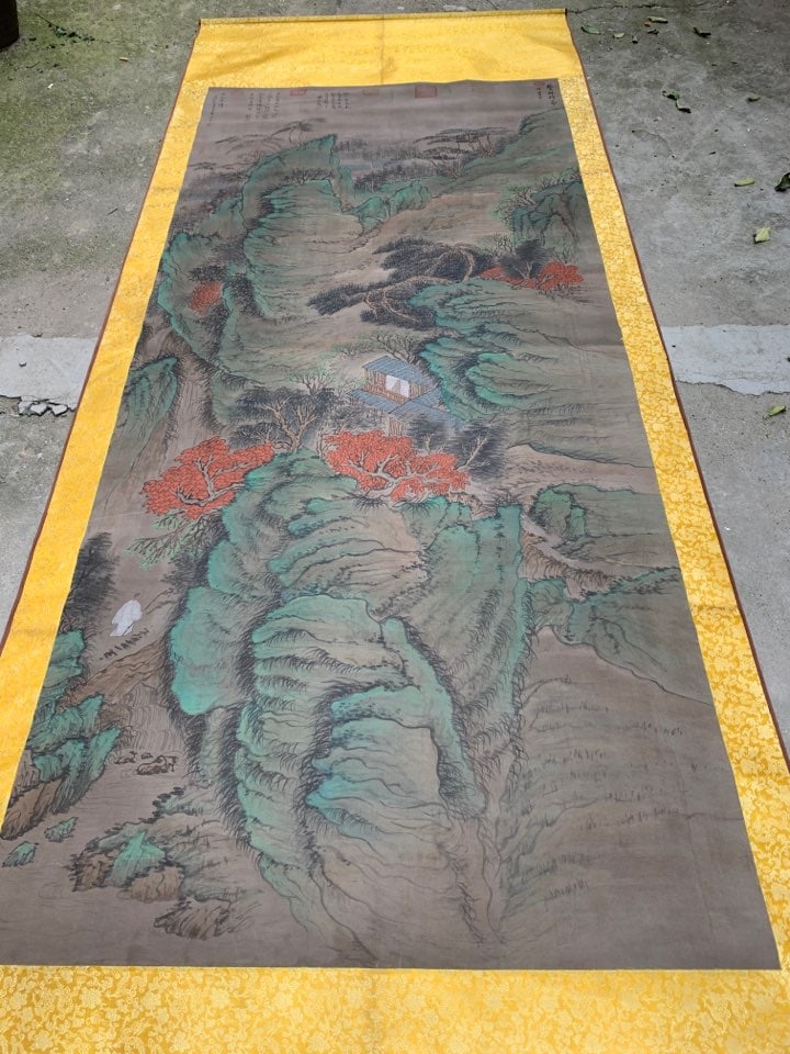A Chinese Vertical Scroll Ink Painting of Landscape and Figure on Silk,Dong Qichang: A Chinese Vertical Scroll Ink Painting of Landscape and Figure on Silk,Dong Qichang,Size:(Without frame)113.4inx51.2in 一幅中国水墨绢本山水&