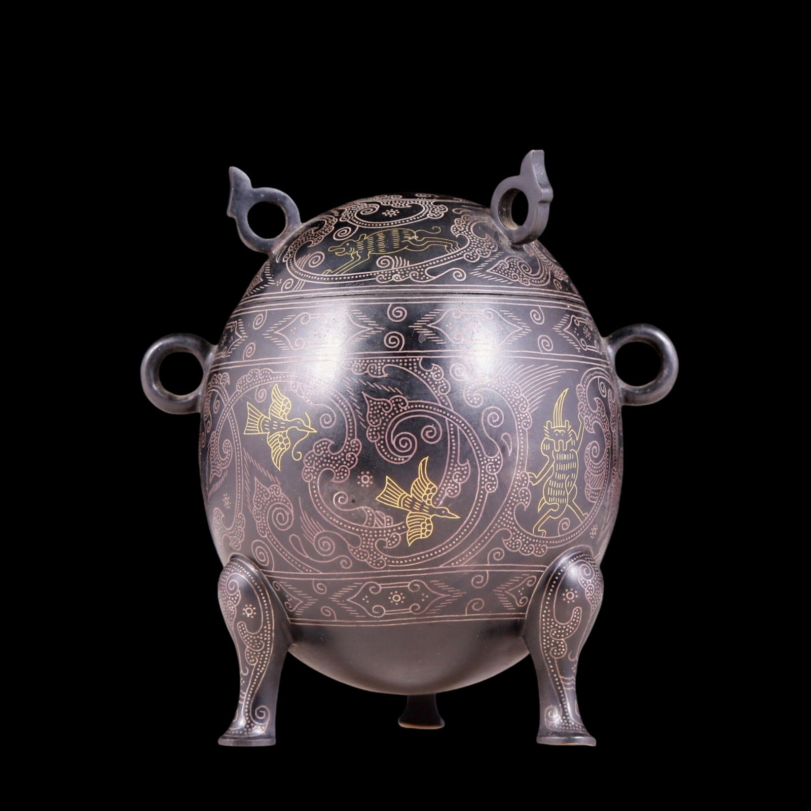 A precious bronze inlaid with gold and silver flower and bird patterns with two ears and three legs.: precious bronze inlaid with gold and silver flower and bird patterns with two ears and three legs, ancient times, Size: 4.3inx3.1inx4.5in, Weight: 545