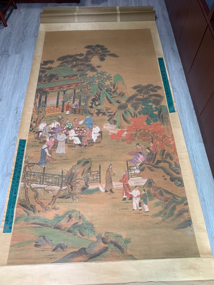 A Chinese Vertical Scroll Ink Painting of Landscape and Figure on Silk,Chou Ying: A Chinese Vertical Scroll Ink Painting of Landscape and Figure on Silk,Chou Ying,Size:87.8inx46.1in 一幅中国水墨绢本山水人物