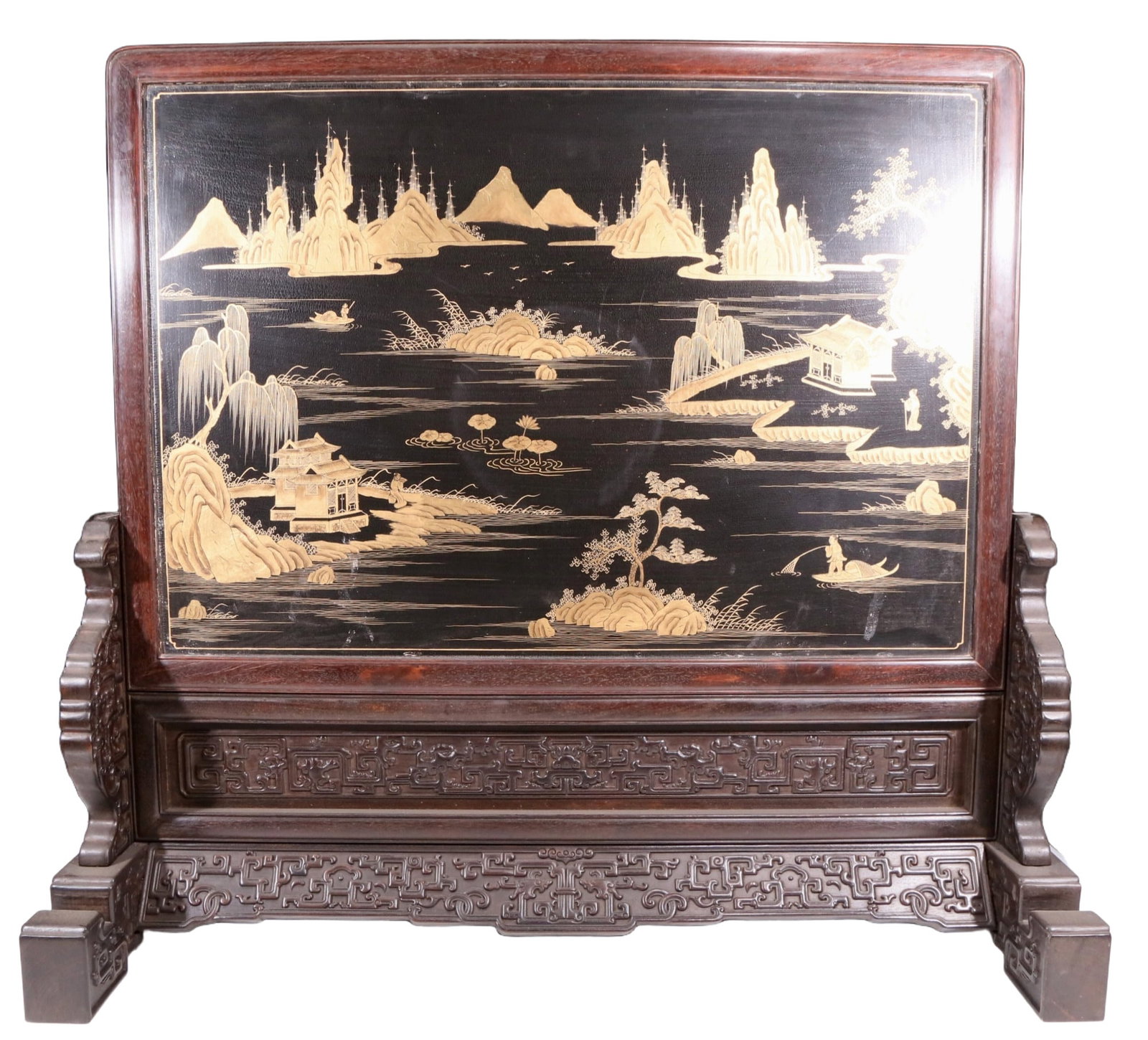 An exquisite zitanwood lacquered gold-embedded elephant pattern table screen - 9