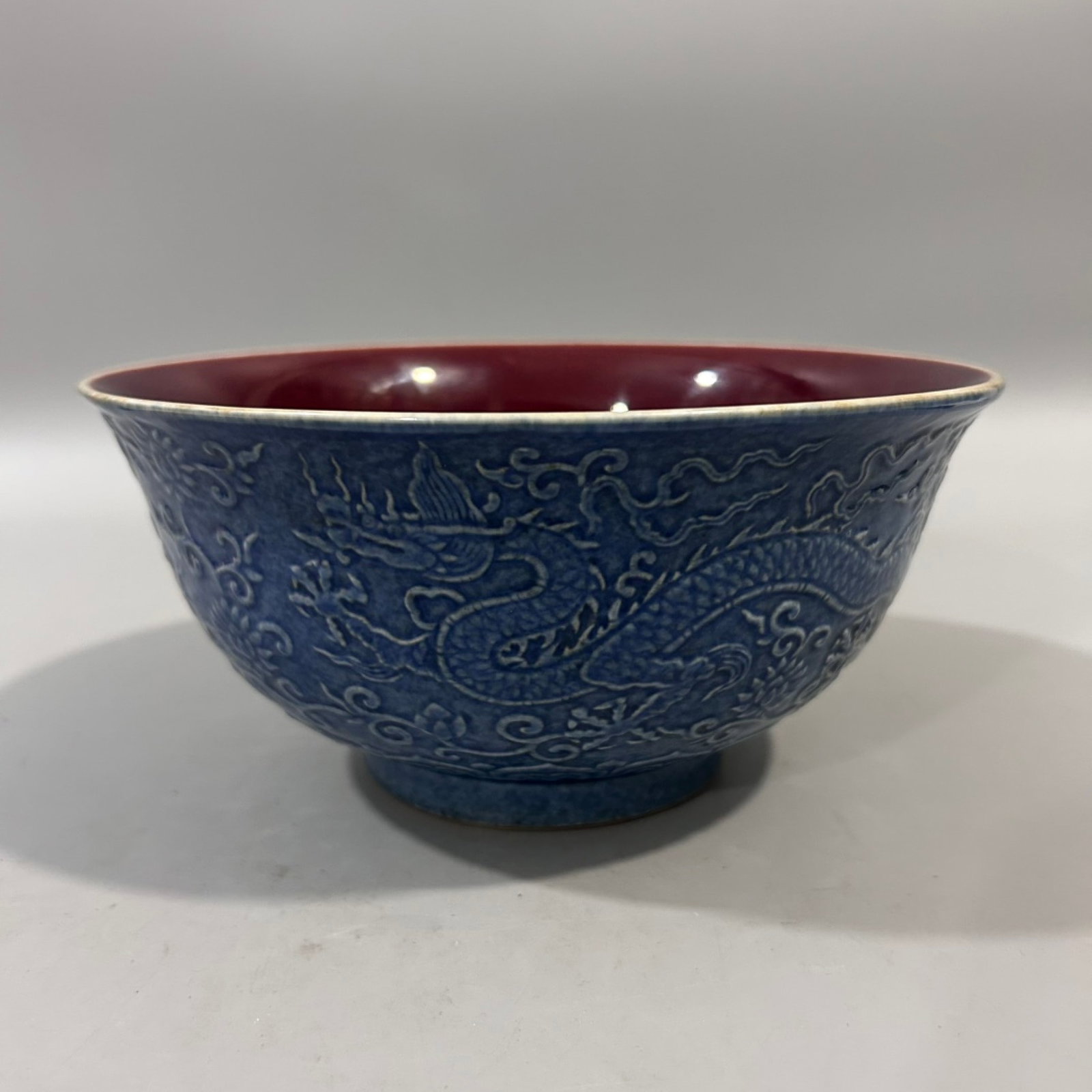 An Exquisite Ji Blue Glazed Ji Red Glazed Lotus and Dragon Pattern Bowl: An Exquisite Ji Blue Glazed Ji Red Glazed Lotus and Dragon Pattern Bowl,Qing Dynasty,China,Xuande Six-character Mark,Size:8.5inx4.1in 霁蓝釉霁红釉缠枝&#