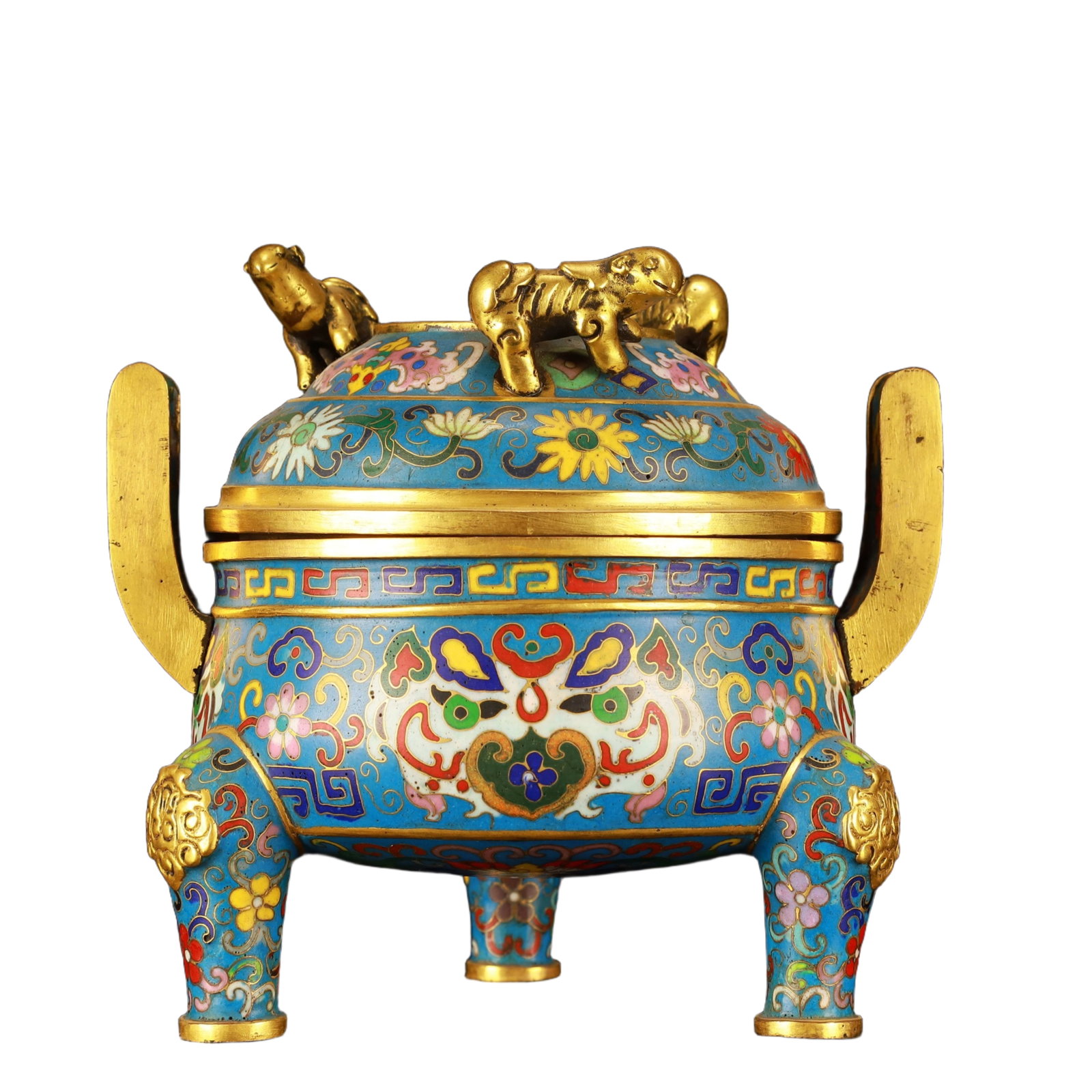 An Exquisite Cloisonne Flower and Beast-Face Pattern Double-Ears and Tripod Censer: An Exquisite Cloisonne Flower and Beast-Face Pattern Double-Ears and Tripod Censer,(A type of enamelware with metal wires separating colored glaze, originating in China),Qing Dynasty,China,Qianlong