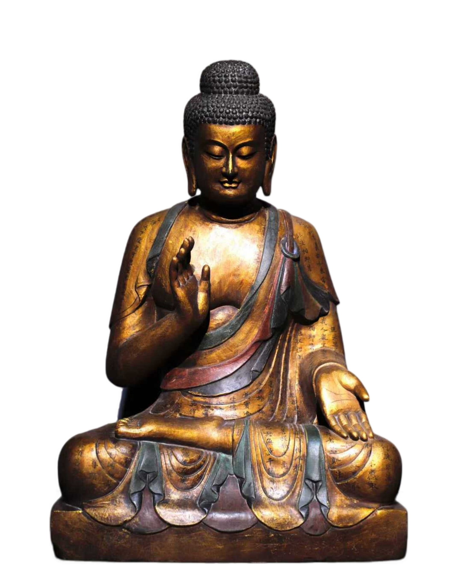 A Solemn Limestone Gilt Painted Color Statue of Sakyamuni,With Scriptures: A Solemn Limestone Gilt Painted Color Statue of Sakyamuni,With Scriptures,Tang Dynasty,China,Size:26.8inx18.1inx13.8in