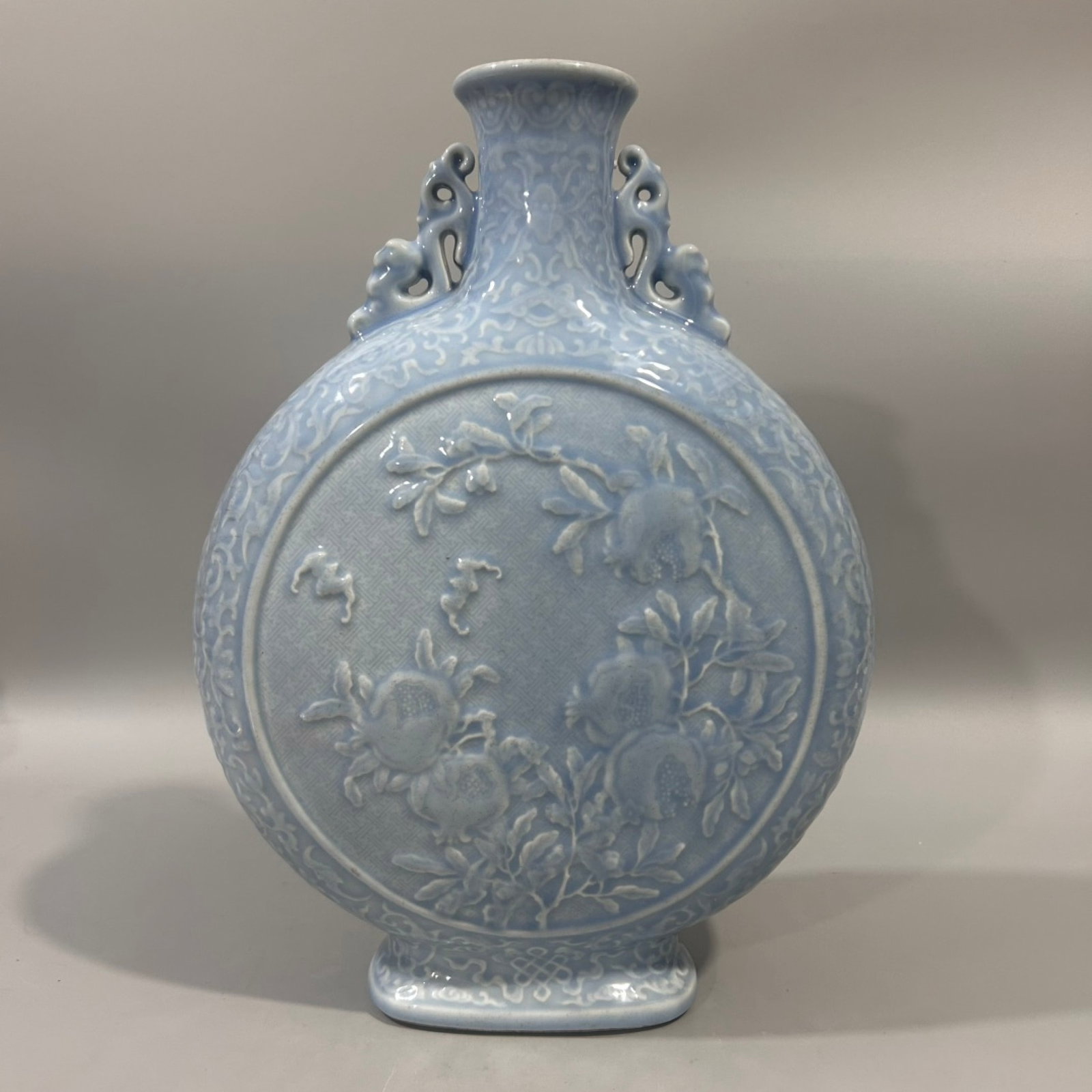 A Rare Ji Blue Glazed Bats and Peach Pattern Dragon-Ears Vase: A Rare Ji Blue Glazed Bats and Peach Pattern Dragon-Ears Vase,Qing Dynasty,China,Qianlong Six-character Mark,Size:9.8inx14.2in