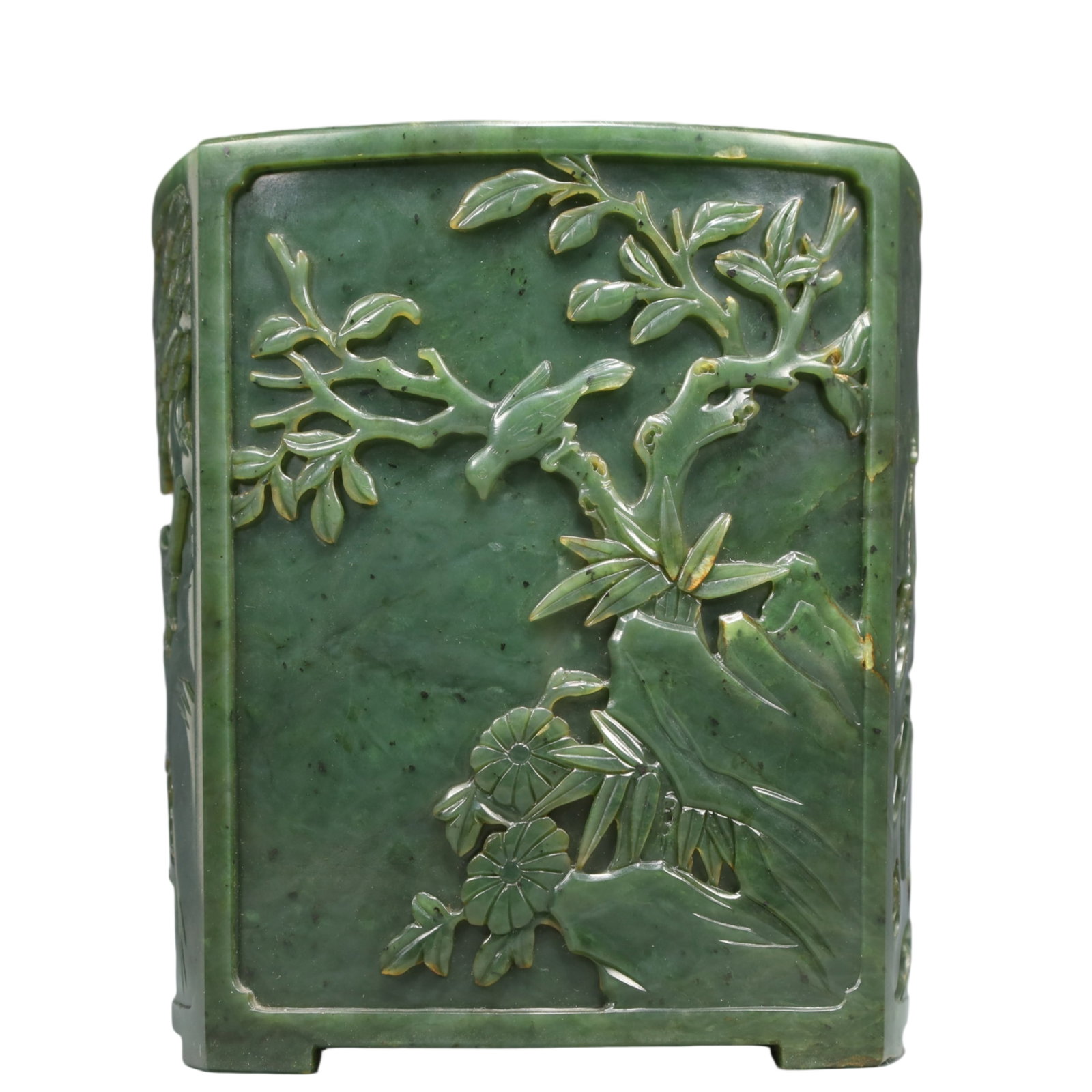 A Precious Jasper Flower and Bird Pattern Brush Pot: A Precious Jasper Flower and Bird Pattern Brush Pot,Qing Dynasty, China,Size:6.1inx6.5in Weight:2550g 碧玉花鸟纹笔筒,中国清代