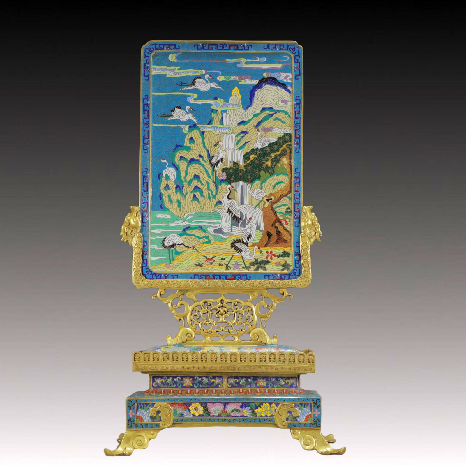A Rare Cloisonne Pine and Crane Pattern Table Screen: A Rare Cloisonne Pine and Crane Pattern Table Screen,Qing Dynasty, China,Qianlong Four-character Mark,Size:15inx7.5in,Weight:18350g