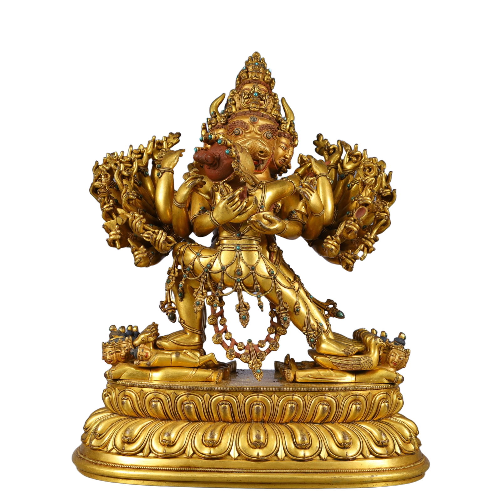 A Solemn Gilt Bronze Statue of Yamantaka,Inlaid Turquoise: A Solemn Gilt Bronze Statue of Yamantaka,Inlaid Turquoise,Qing Dynasty, China,Size:12.2inx7.9inx15.7in,Weight:16800g 铜鎏金大威德金刚像,嵌&#