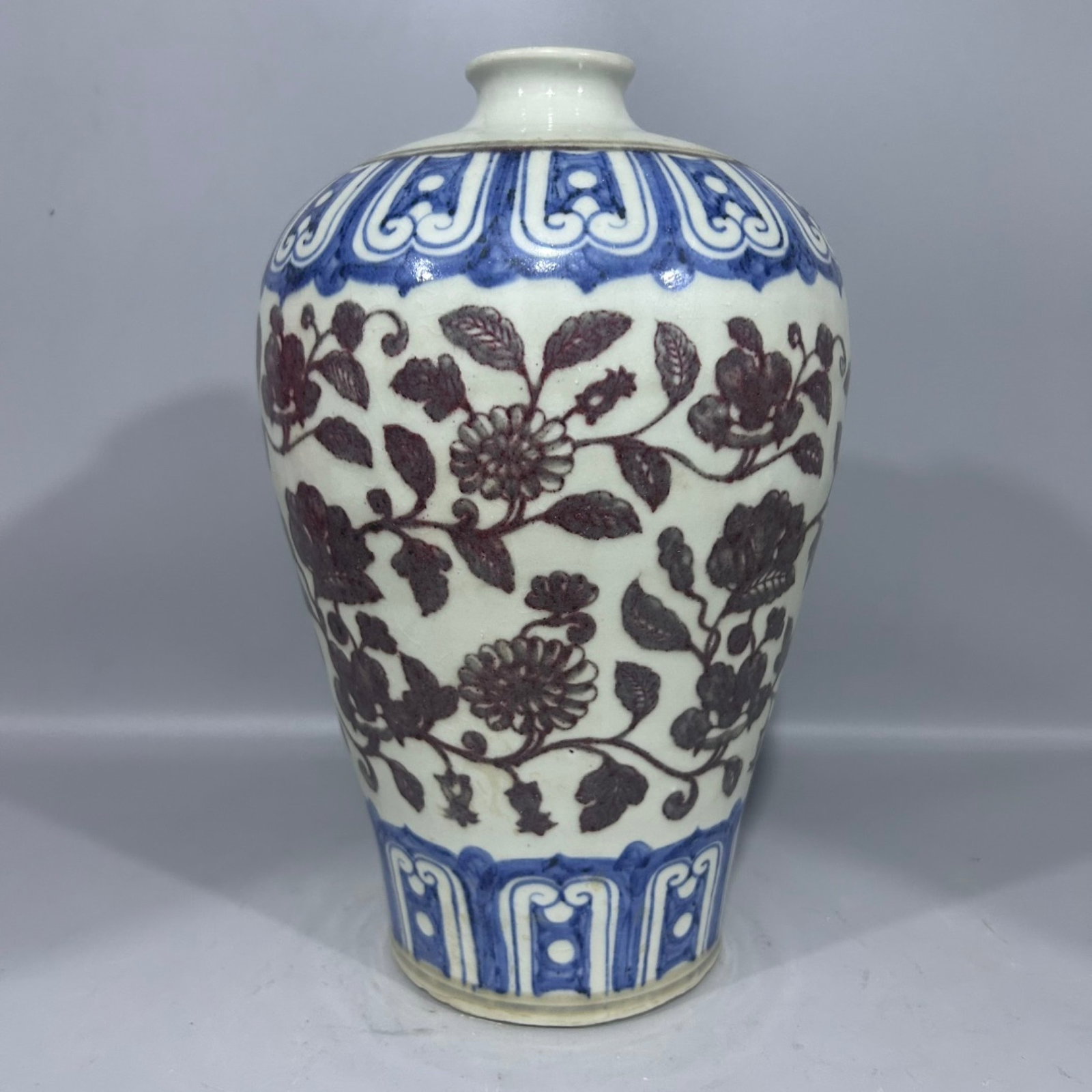 A Rare Blue and White Underglaze-Red Flower Pattern Vase: A Rare Blue and White Underglaze-Red Flower Pattern Vase,Qing Dynasty,China,Size:5.7inx11.8in 青花釉里红花卉纹瓶,中国清代