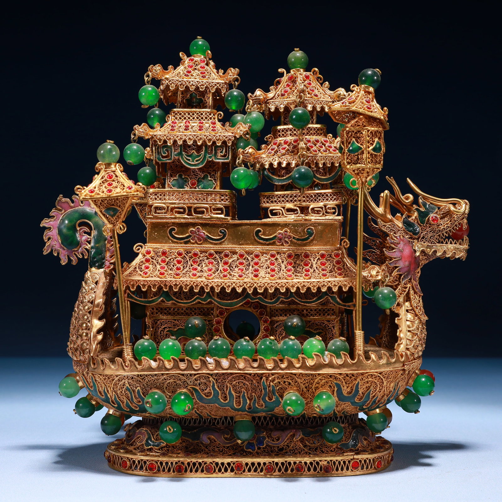 An Exquisite Filigree and Gilding Dragon Ornament,Inlaid Jasper: An Exquisite Filigree and Gilding Dragon Ornament,Inlaid Jasper,Qing Dynasty,China,Qianlong Four-character Mark,Size:9.1inx5.5inx9.8in,Weight:1700g 掐丝鎏金龙摆