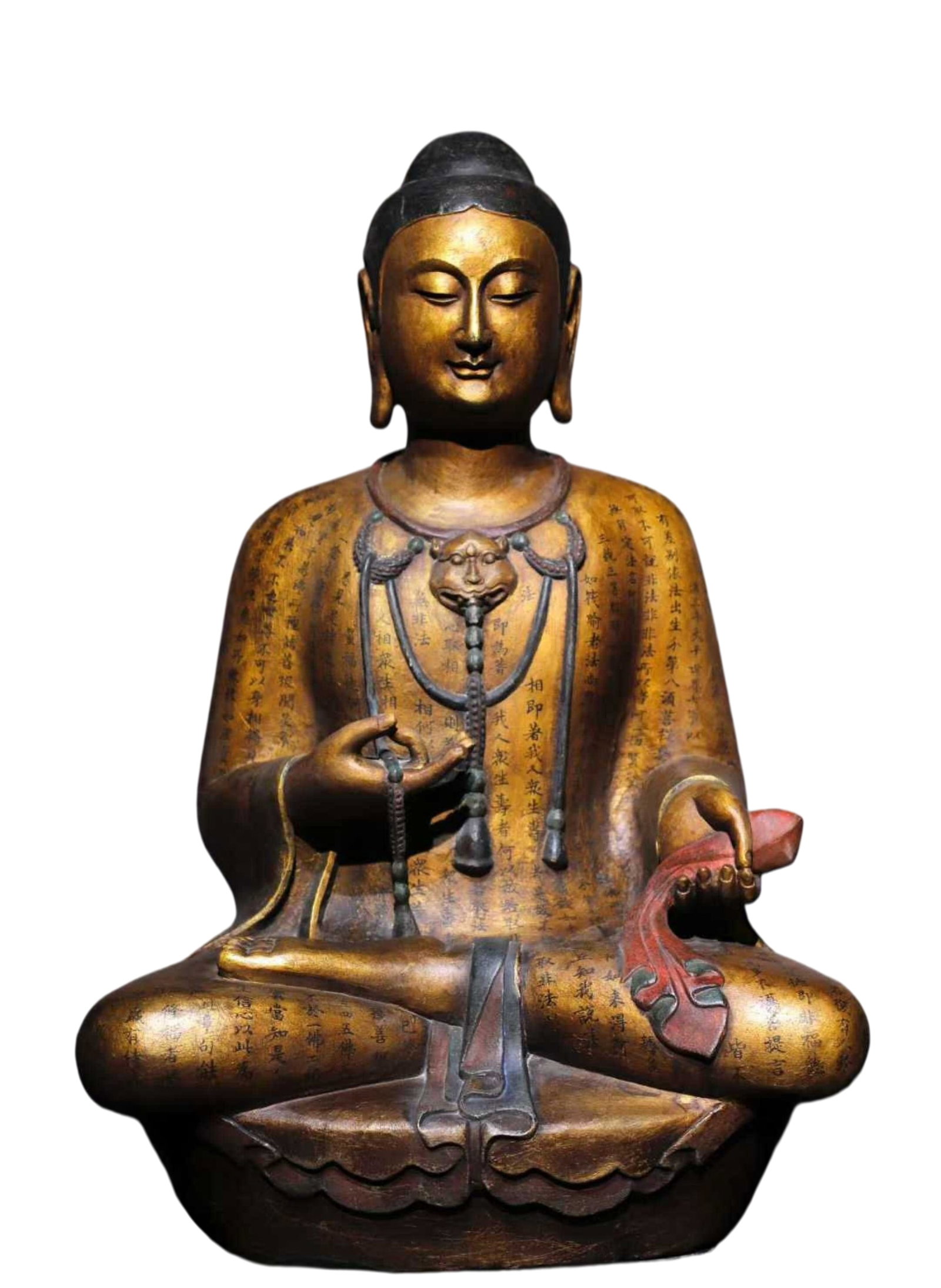 A Solemn Limestone Gilt Painted Color Statue of Sakyamuni,With Scriptures (1 of 9)
