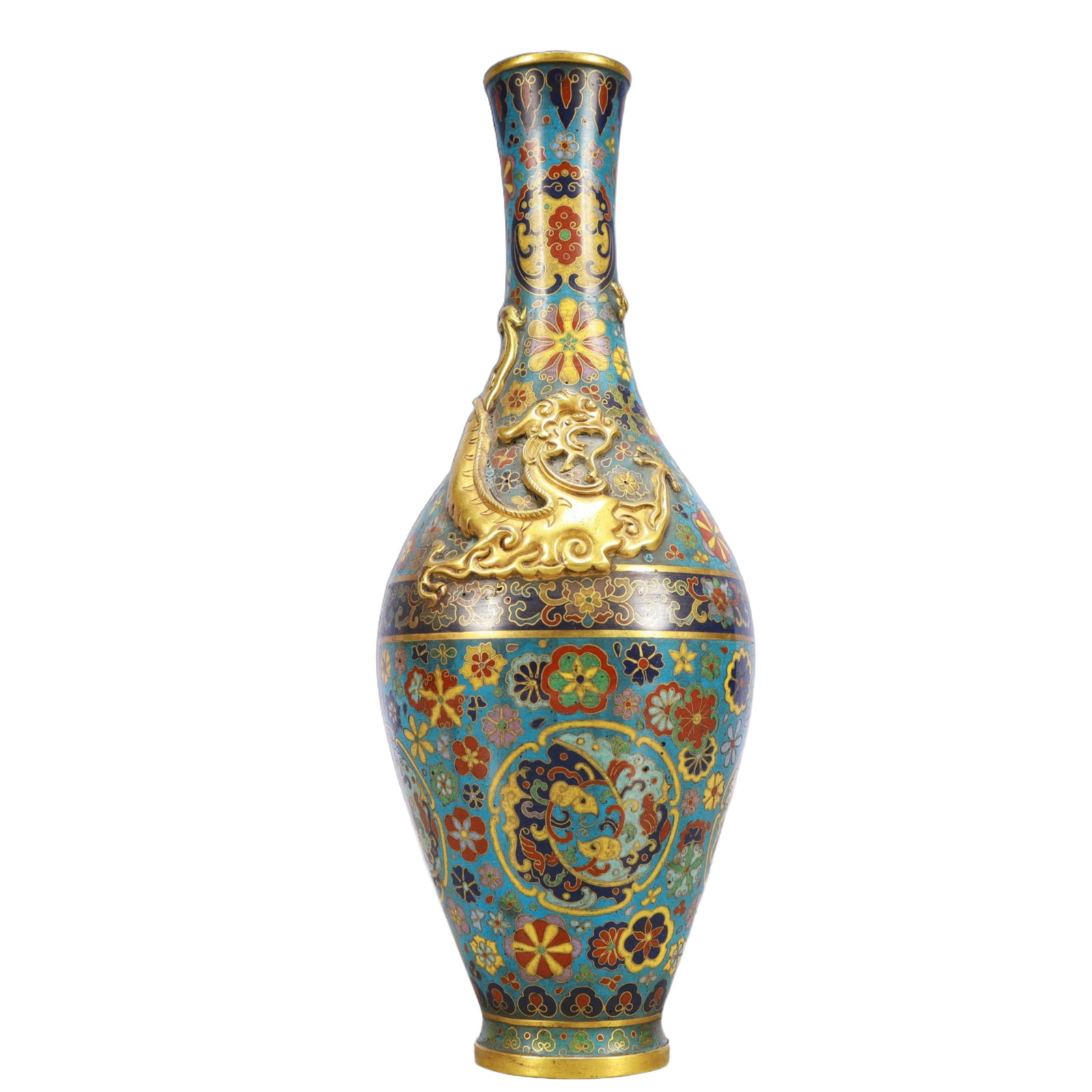 An Exquisite Cloisonne Chi-Dragon and Flower Pattern Vase: An Exquisite Cloisonne Chi-Dragon and Flower Pattern Vase,Qing Dynasty, China,Qianlong Four-character Mark,Size:4.3inx12.2in,Weight:1100g