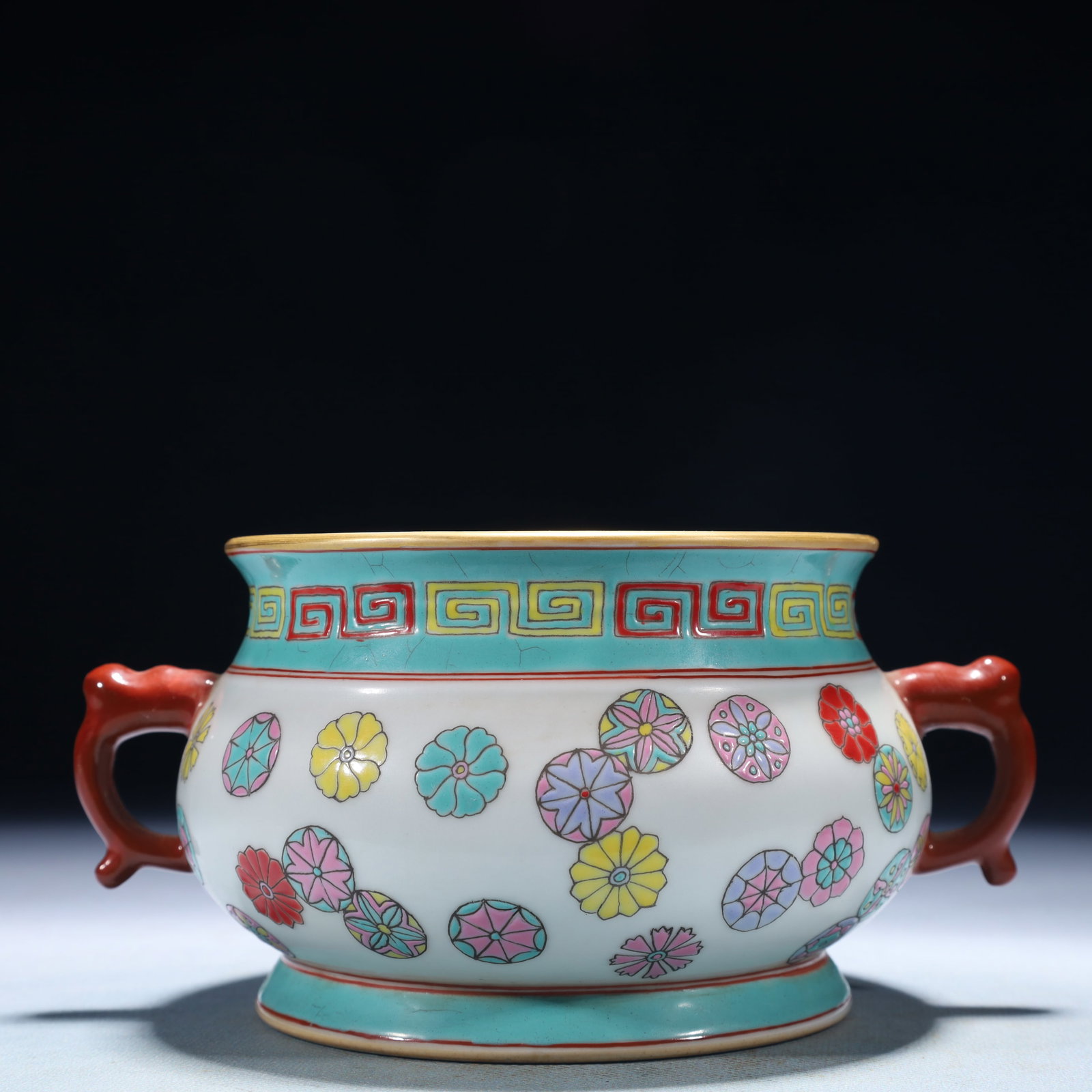 An Exquisite Turquoise Glazed Famille-Rose Flower Pattern Double-Ears Censer: An Exquisite Turquoise Glazed Famille-Rose Flower Pattern Double-Ears Censer,Qing Dynasty,China,Yongzheng Four-character Mark,Size:7.1inx5.3inx3.5in,Weight:550g