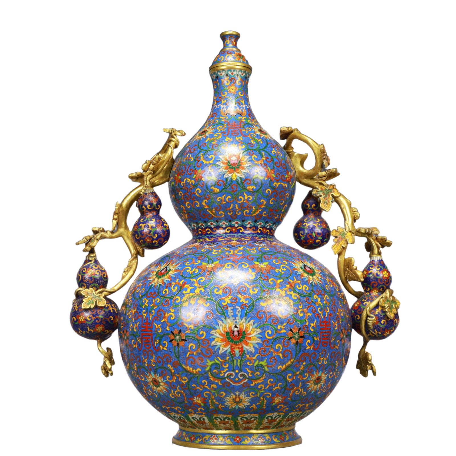 A Huge Cloisonne Shou-Character Lotus Pattern Gourd Vase: A Huge Cloisonne Shou-Character Lotus Pattern Gourd Vase, Qing Dynasty, China, Qianlong Four-character Mark, Size:15.7inx10.6inx21.7in, Weight:14450g 景泰蓝寿字缠&#